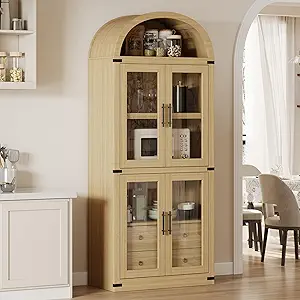 GarveeHome Arched Bookshelf with Doors and Drawers Farmhouse Bookcase 15.83in Depth Display Storage Shelves 71.4in Tall Wooden Display Cabinet Rounded Bookcases