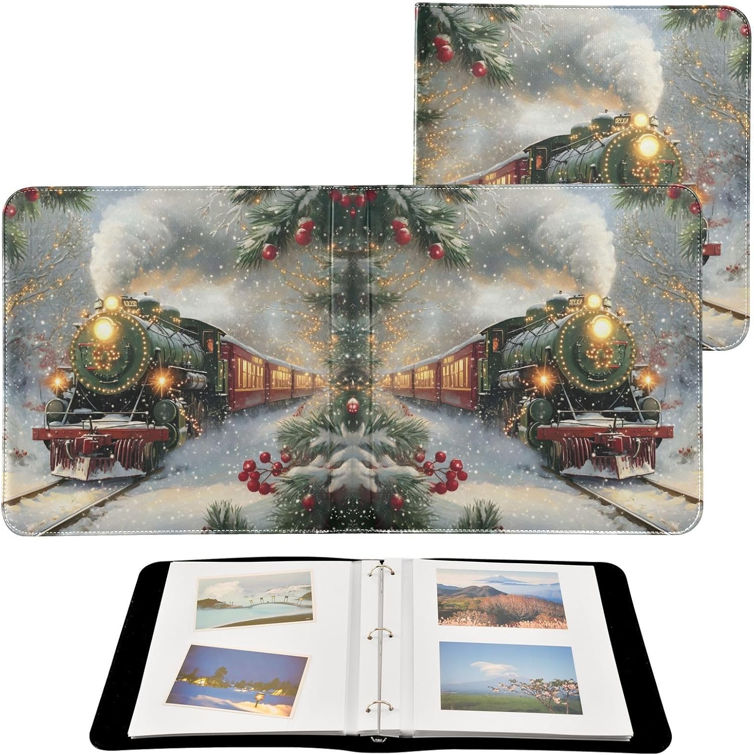 JIPONI Christmas Train Large Photo Album, DIY Leather Cover Scrapbook Albums for 4x6 5x7 6x8 Pictures, Self Adhesive Memory Book for Wedding, Baby, Family