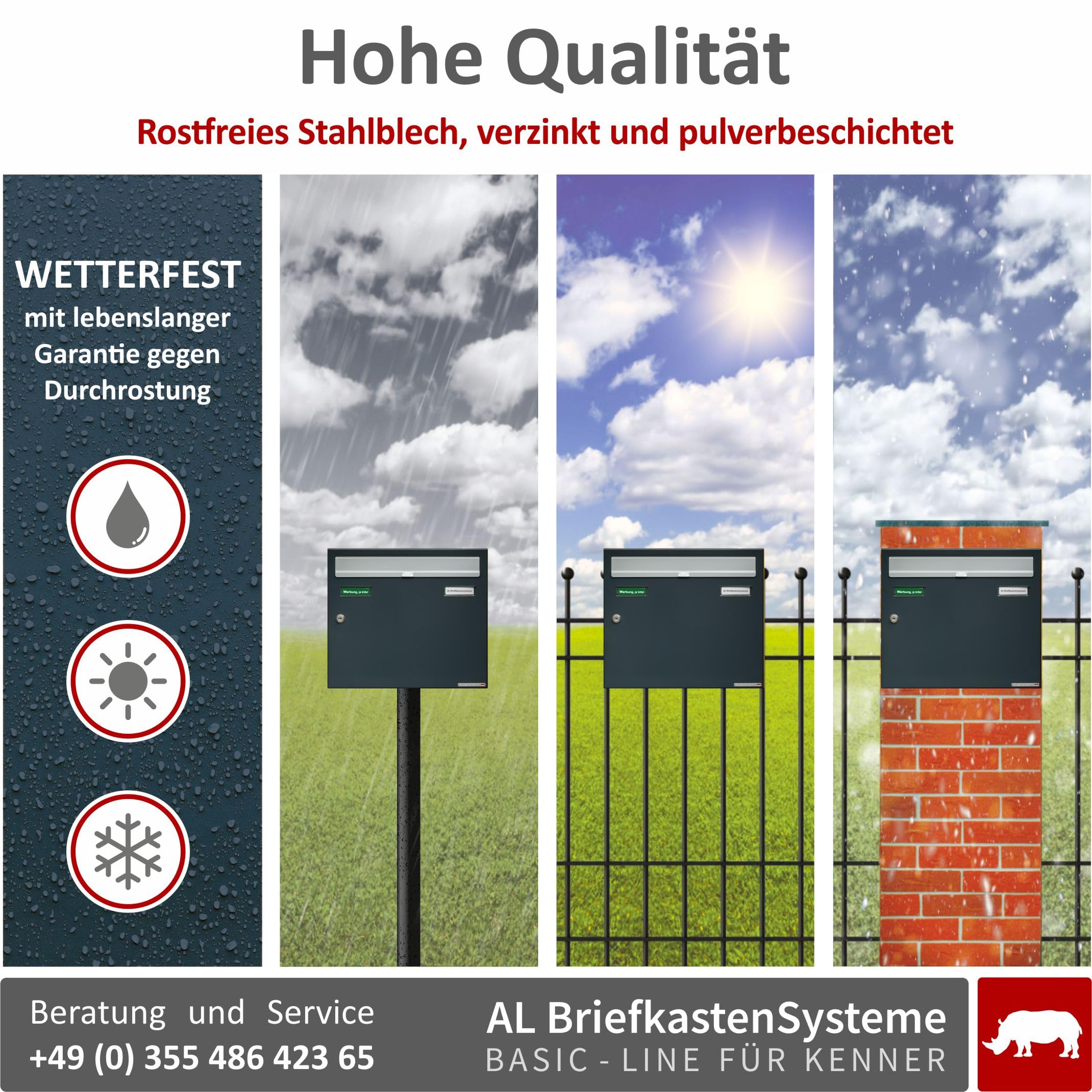 AL Briefkastensysteme Basic 10er Briefkasten RAL 7016 Anthrazit Grau/Einwurfklappe RAL 9006 Weiß Aluminium 10 Fach DIN A4 wetterfest mit Posthaltebügel und 2 Namensschildern