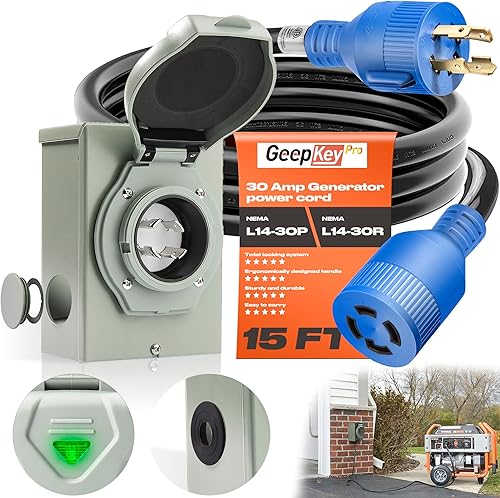 Miniatura 9 de Cable generador de 30 amperios y caja de entrada de alimentación preperforada, cables de generador de 15 pies de 30 amperios, 125250 voltios, 7500