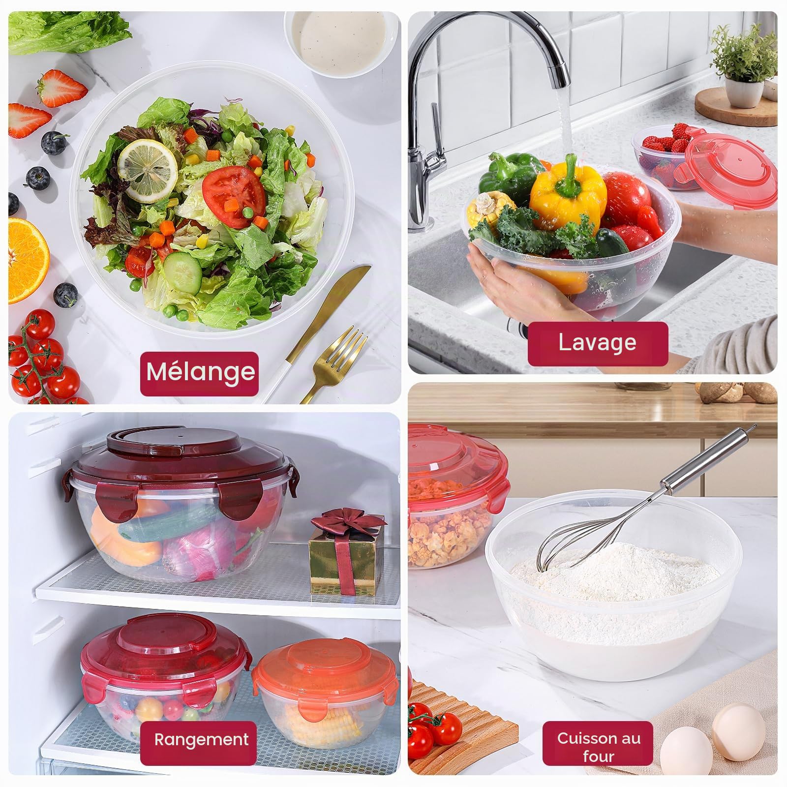 Luxear Lot de 4 Grand Saladier avec Couvercle Hermetique 1L-4,5L, Bol Plastique Reutilisable Bol de Cuisine Portable avec Poignée Sans BPA Boite de Conservation Passent Micro-ondes et Lave-vaisselle