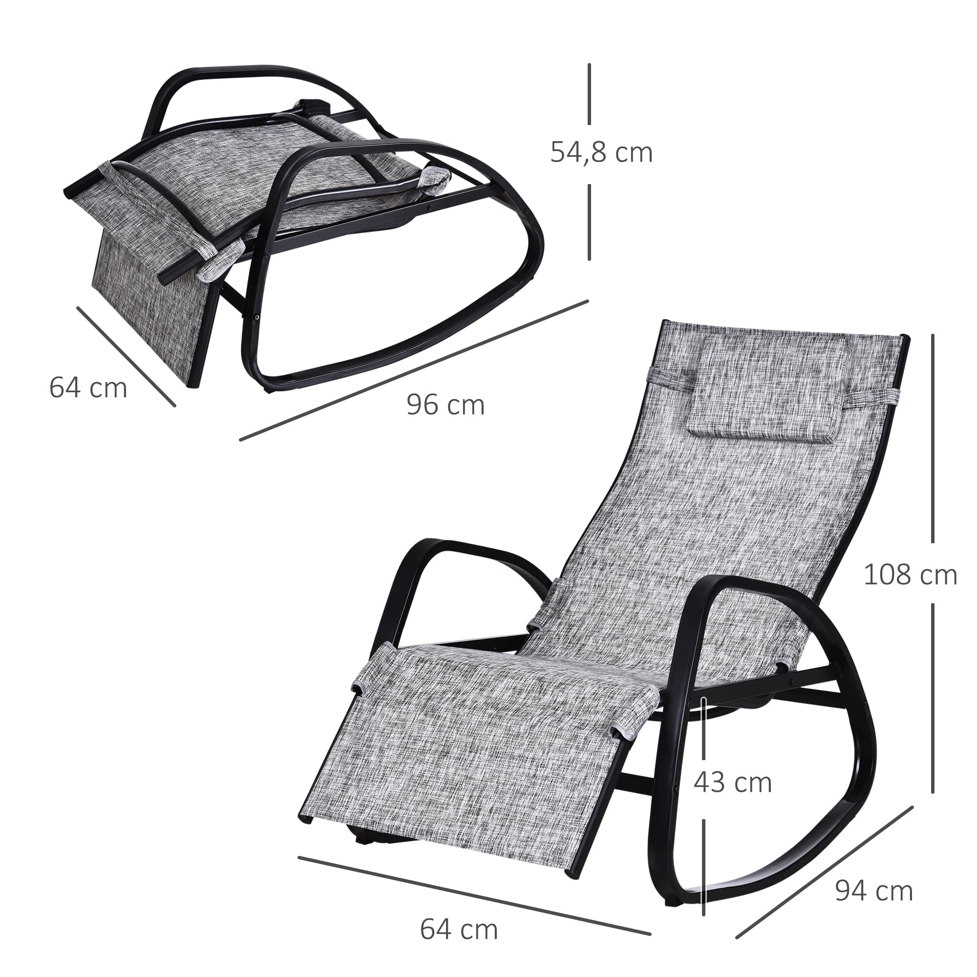 Outsunny Fauteuil à Bascule Dossier inclinable réglable Chaise Longue Pliable dim. 64L x 94l x 108H cm métal époxy Noir textilène Gris chiné