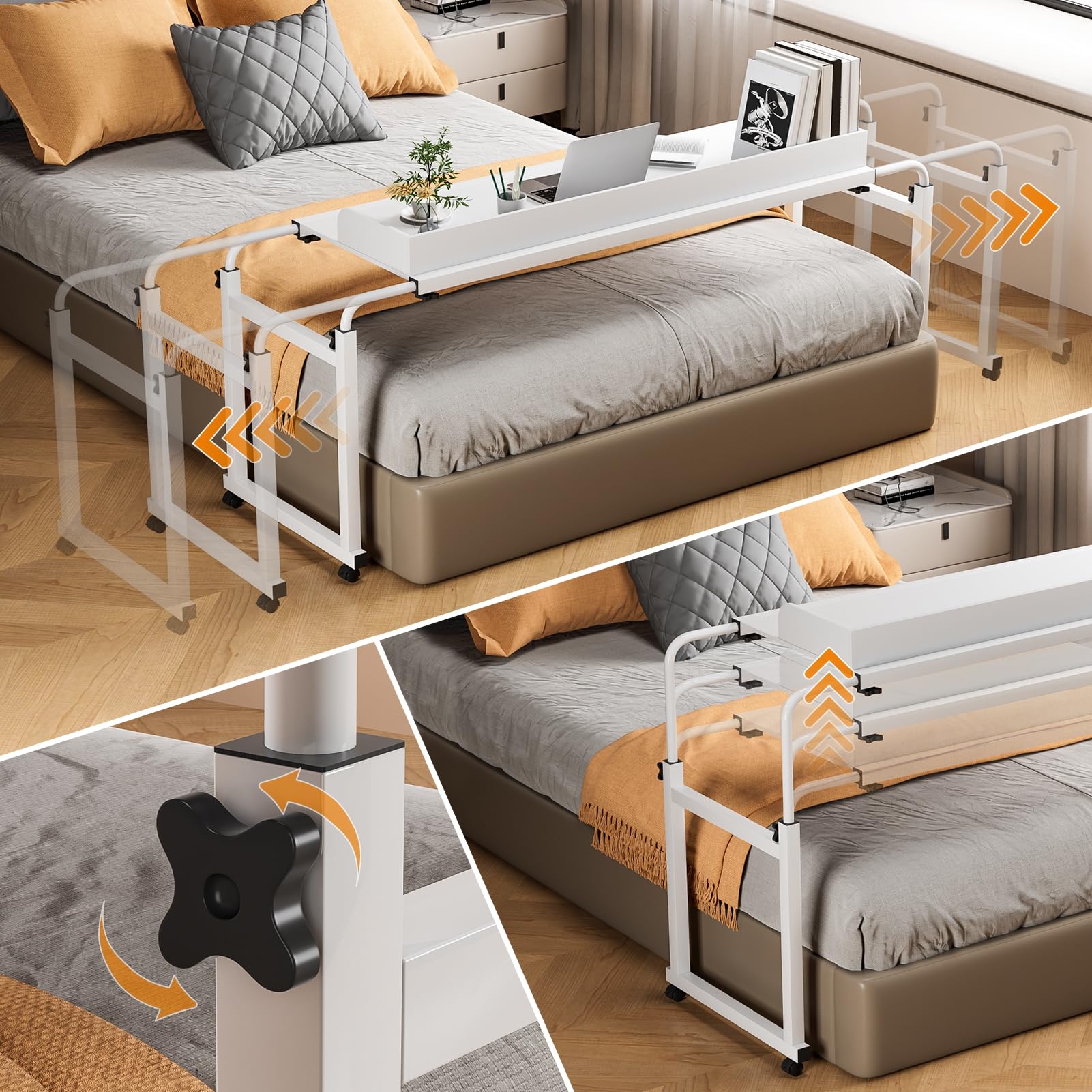 GizmoSynth Overbed Table with Wheels and Height Adjustable, Expandable Queen Size Bed Table with Adjustable Length, Mobile Laptop Cart Computer Desk