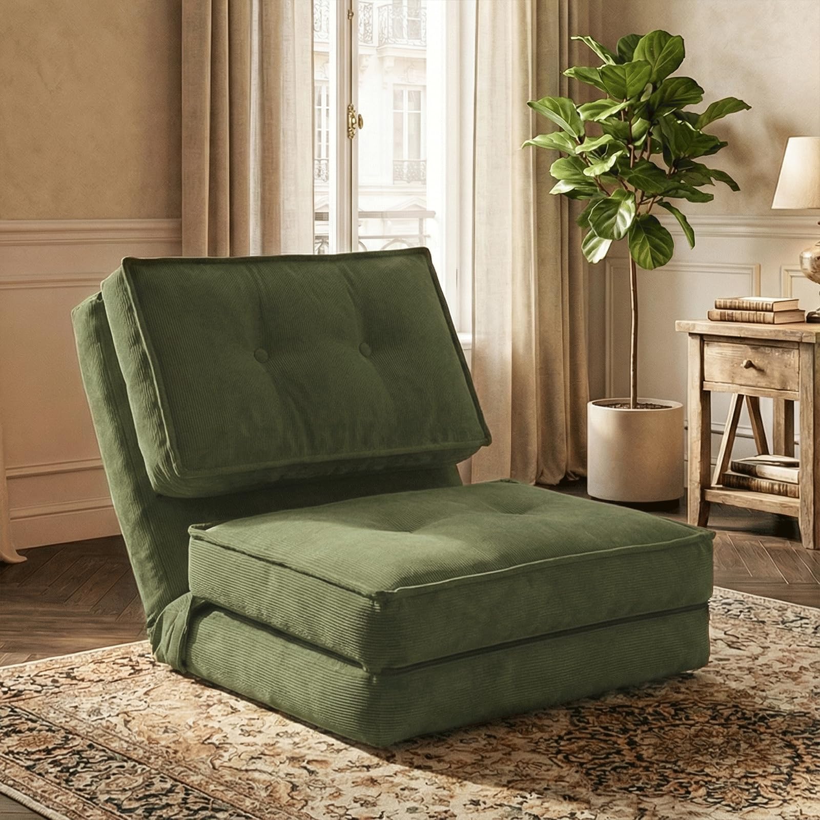 Fabulcozy,Sofá cama Convertible 4 en 1, respaldo de 5 posiciones, pana 8 revestimientos, marco de hierro resistente, asa y correas, versátil para salón u oficina, verde Chiaro