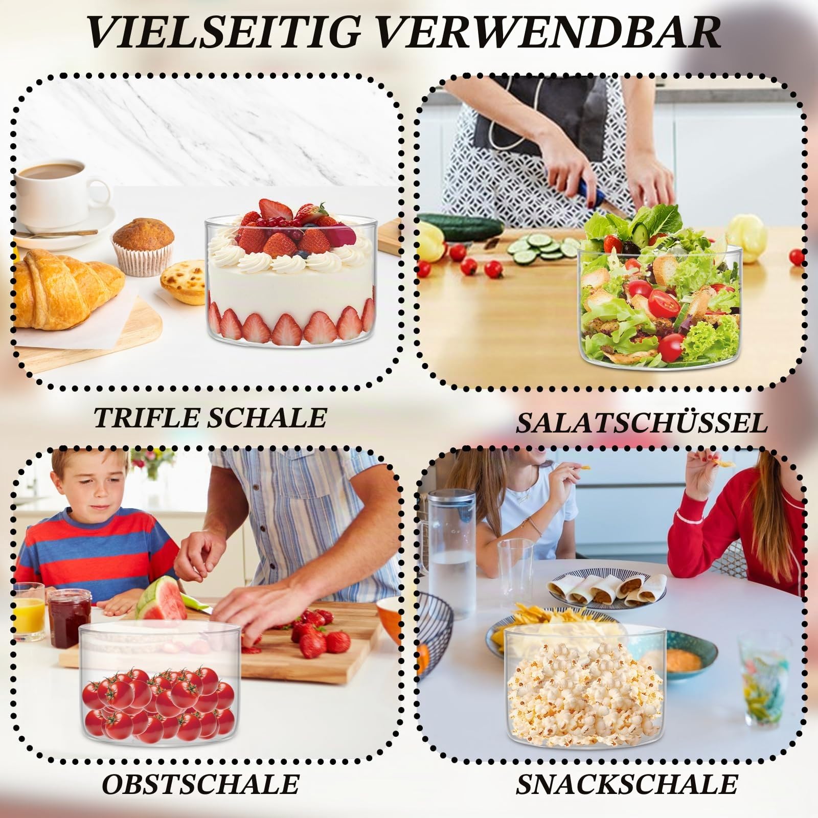 2 x Glasschüssel mit Deckel, 1600 ml Trifle-Schale für Kuchen, Salate & Desserts,Stilvolle Präsentation für Partys,Hochzeiten und besondere Anlässe