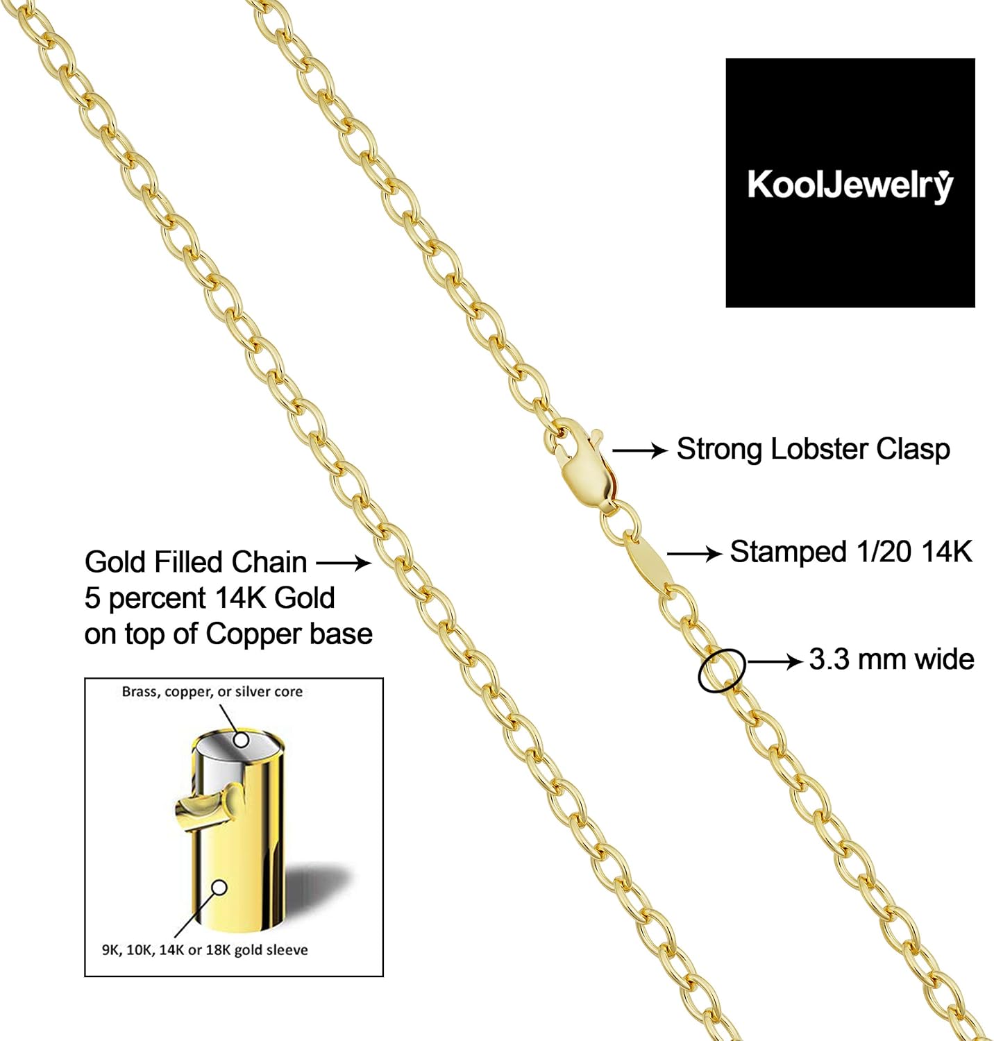 Solid 14k Yellow Gold Filled 3.3 mm Oval Cable Link Chain Necklace for Men and Women - Image 3