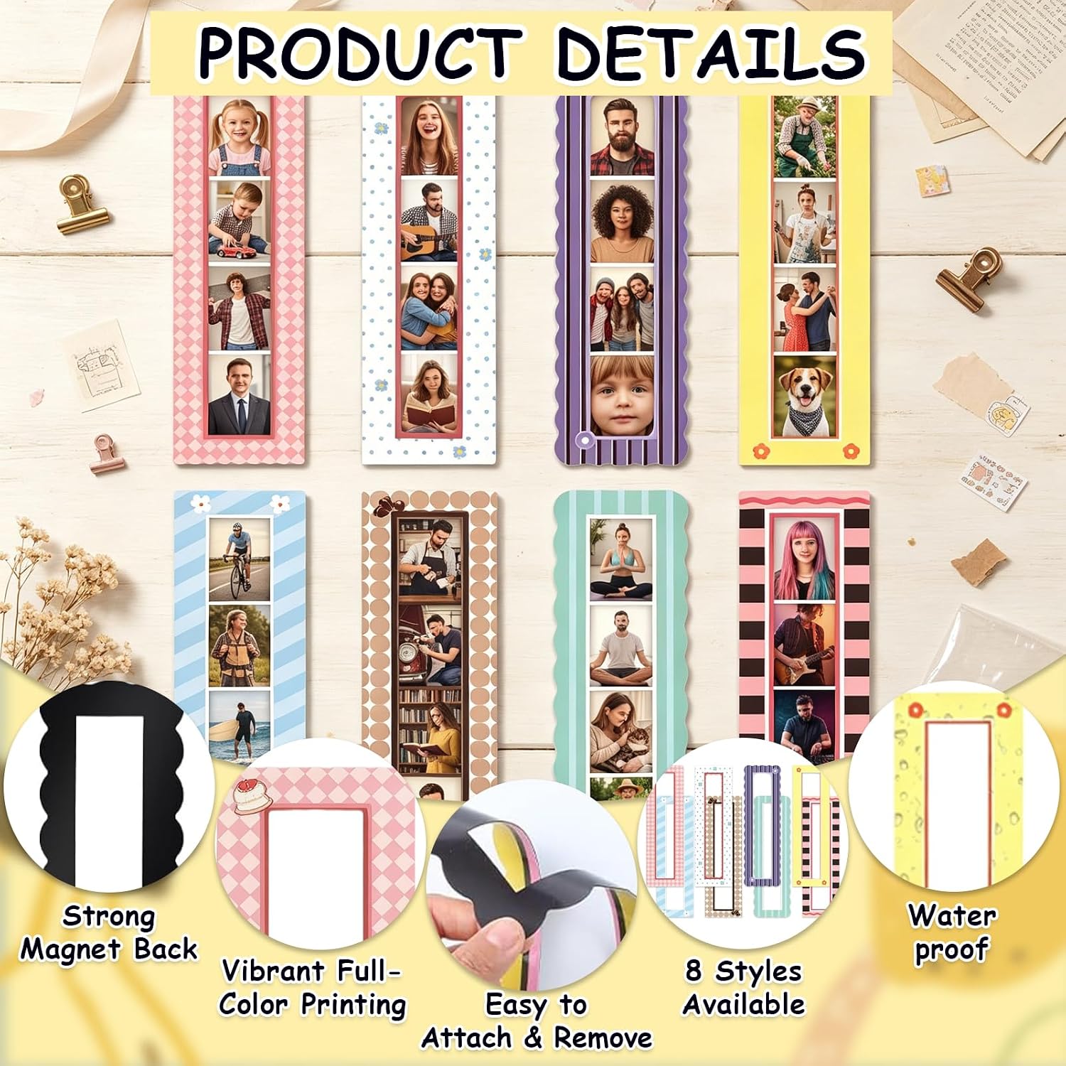 8 Pack Magnetic Photo Booth Frames, Fridge Picture Frame Strip Set