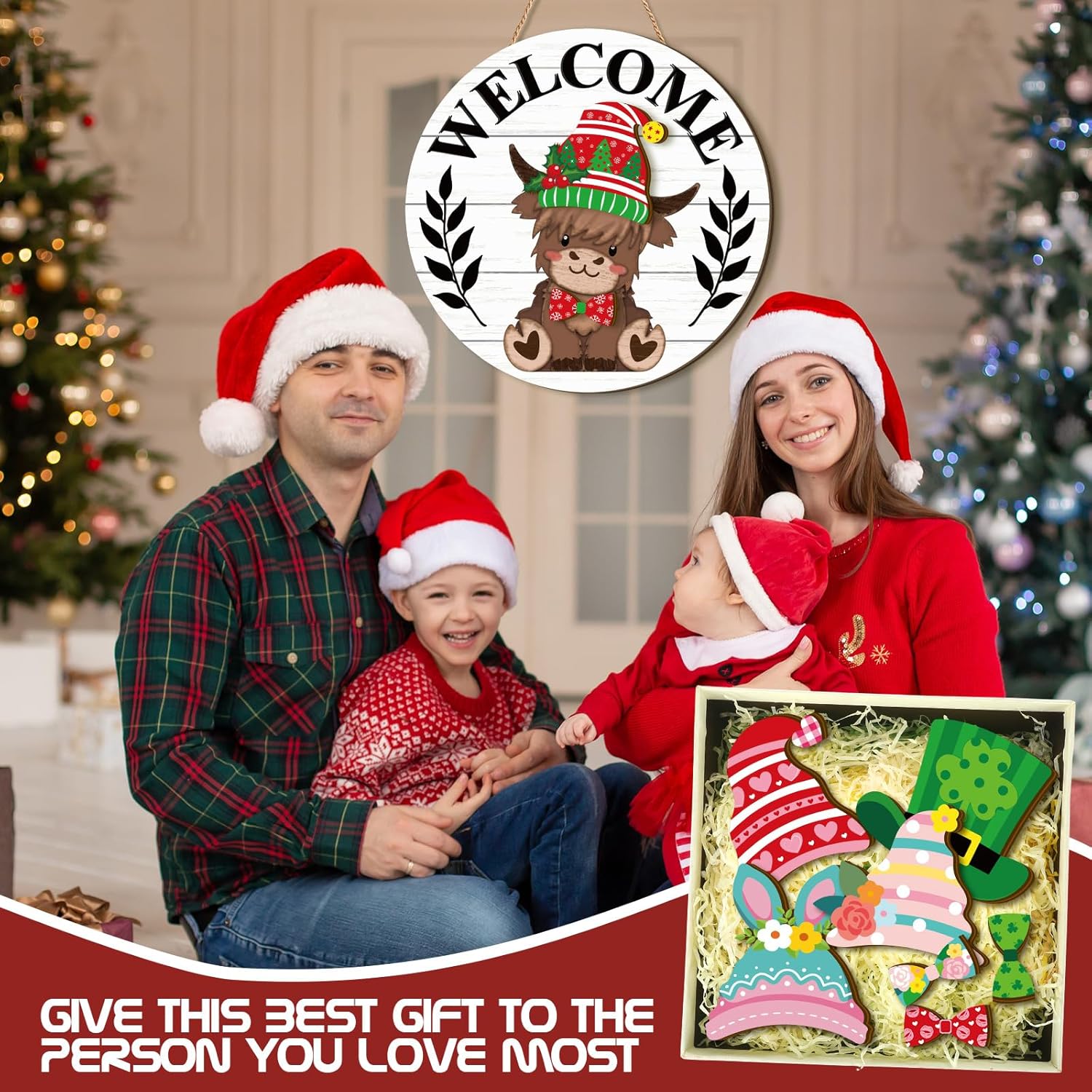 33 Pcs Holiday Interchangeable Highland Cow Welcome Sign Highland Cow Seasonal Wooden Hanging Door Decor Interchangeable Holiday Door Sign for Winter Valentines Party Decor(White Grain) - Image 4