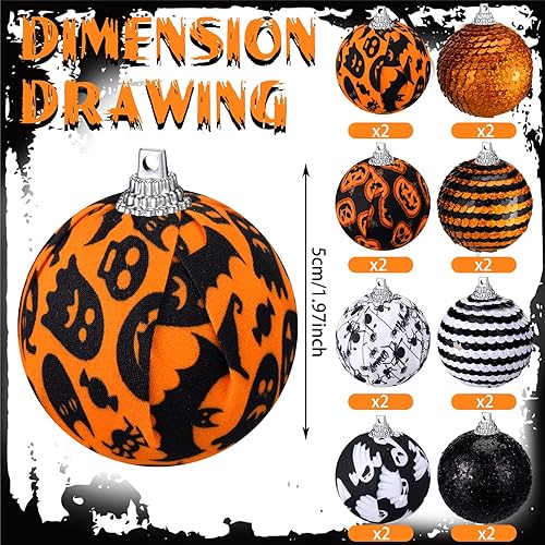 Miniatura 3 de Zeyune 16 adornos de bola de Halloween para árbol de 2 pulgadas, decoraciones de árbol de Halloween, calabaza, fantasma, murciélago, araña, adornos