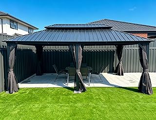 PURPLE LEAF Alu Pavillon 3.65 x 5.45 m Festem Dach, Basisch Gartenpavillon Wasserdicht Stabil Winterfest Hardtop Pavillon mit Moskitonetz und Vorhänge für Partyzelt, Grau