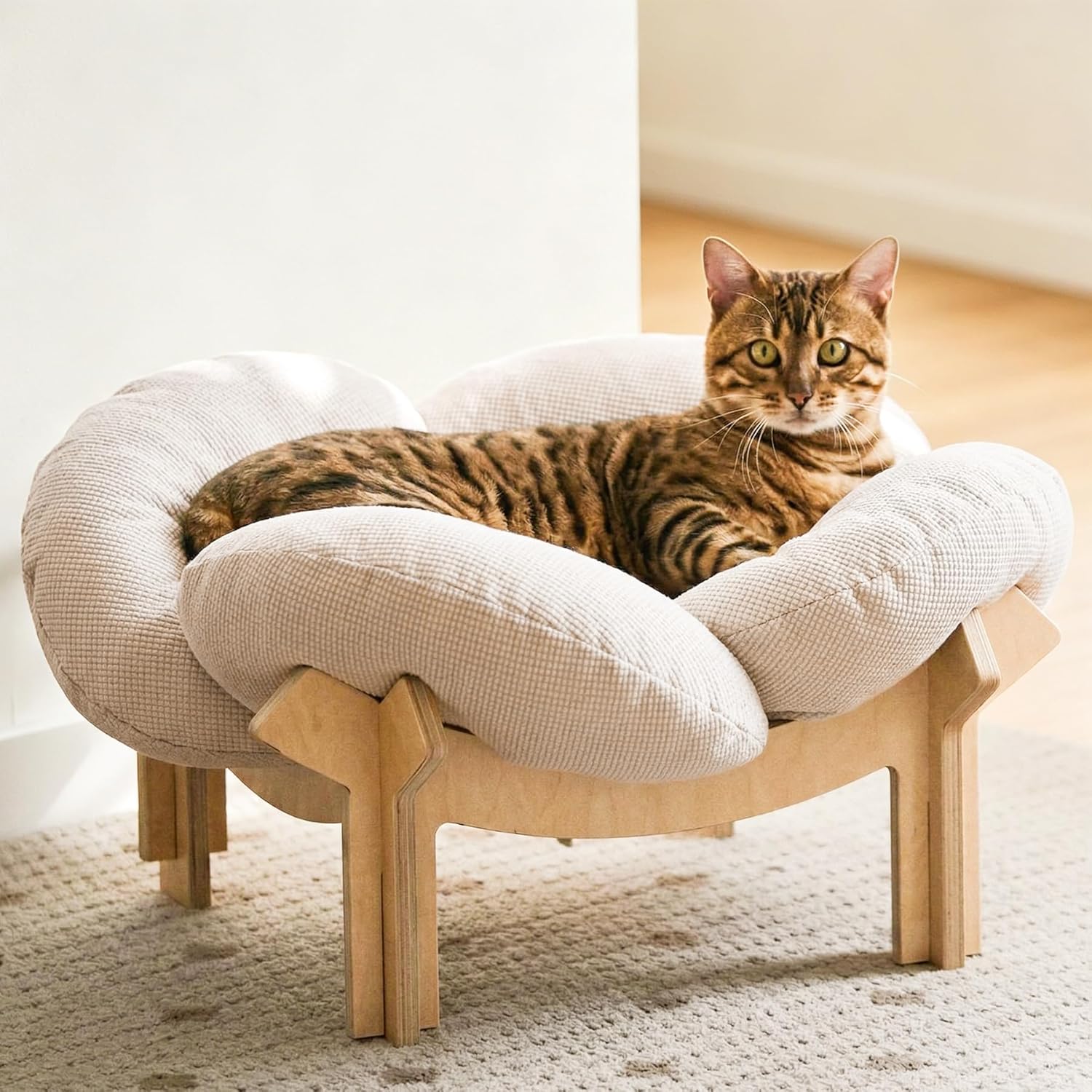 PACHIRA Elevated Cat Bed Wooden, Cat Couch Fluffy, Cat Sofa Flower for Indoor Cats, Raised Cat Bed with Washable Fluffy Cushion and Birch Wood, Suitable for Kitty and Puppy, Cat Furniture (White)