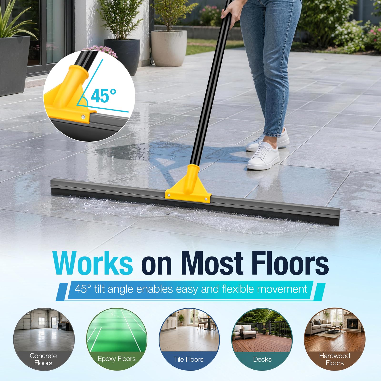Escobilla de goma de 24 pulgadas para suelo de hormigón, escoba grande resistente con mango largo de 57 pulgadas, fregona de goma para azulejos, suelos epoxi, ventana, ducha, patio, piscina, hogar