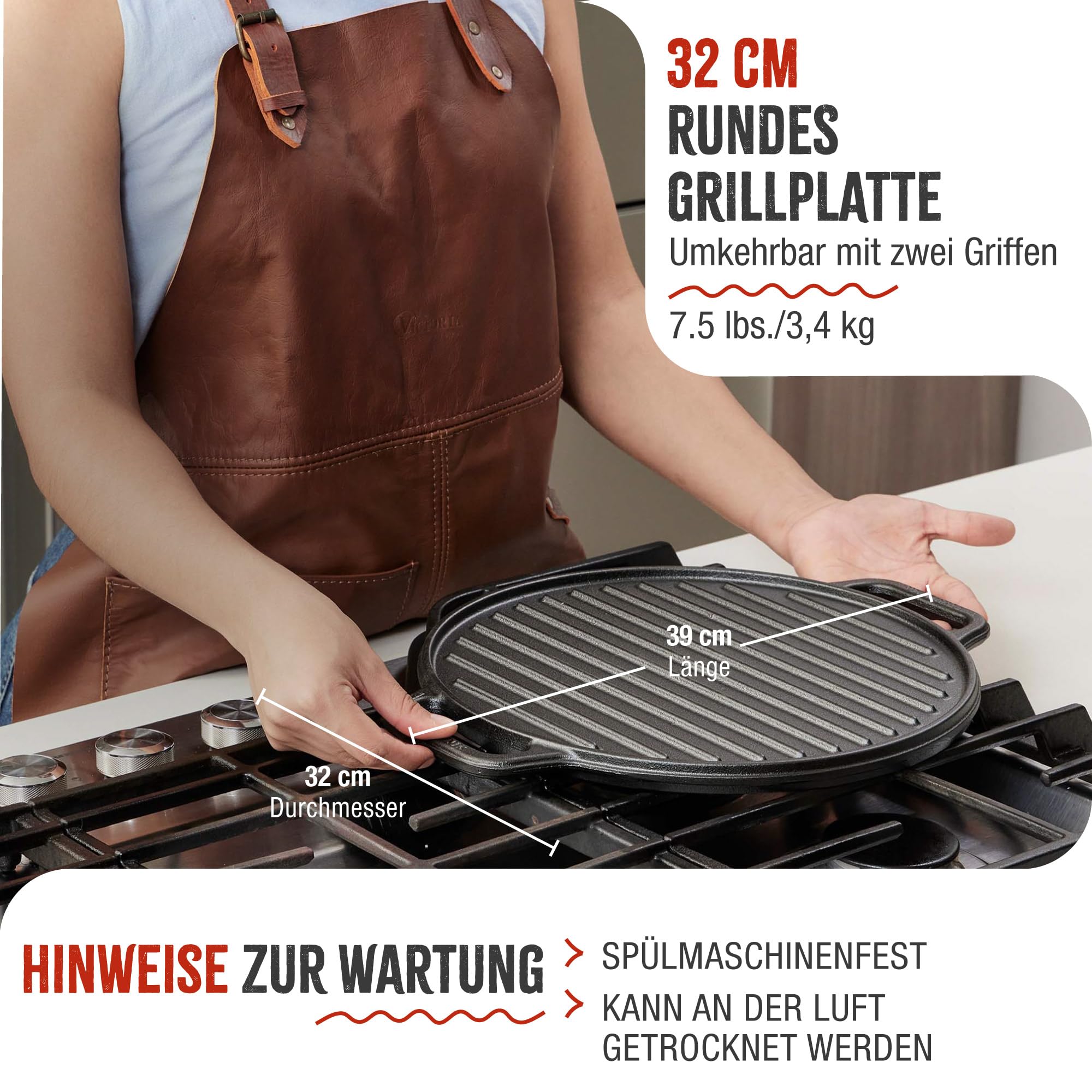 VICTORIA Grillplatte Emailliertes Gusseisen Grillpfanne 32cm Rund, Doppelseitig Verwendbar, für Feuer, Grill, Ofen, Vitrokeramik, Gas, Ohne Schadstoffe und PTFE