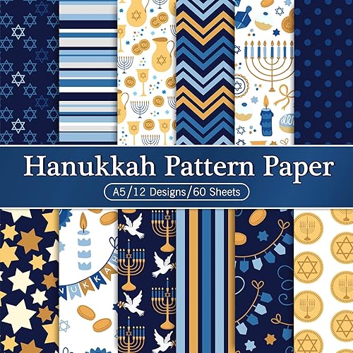 Whaline 60 hojas de papel con patrón de Hanukkah tamaño A5, lámpara de estrella de Hanukkah, papel giratorio superior de desplazamiento Flagon,