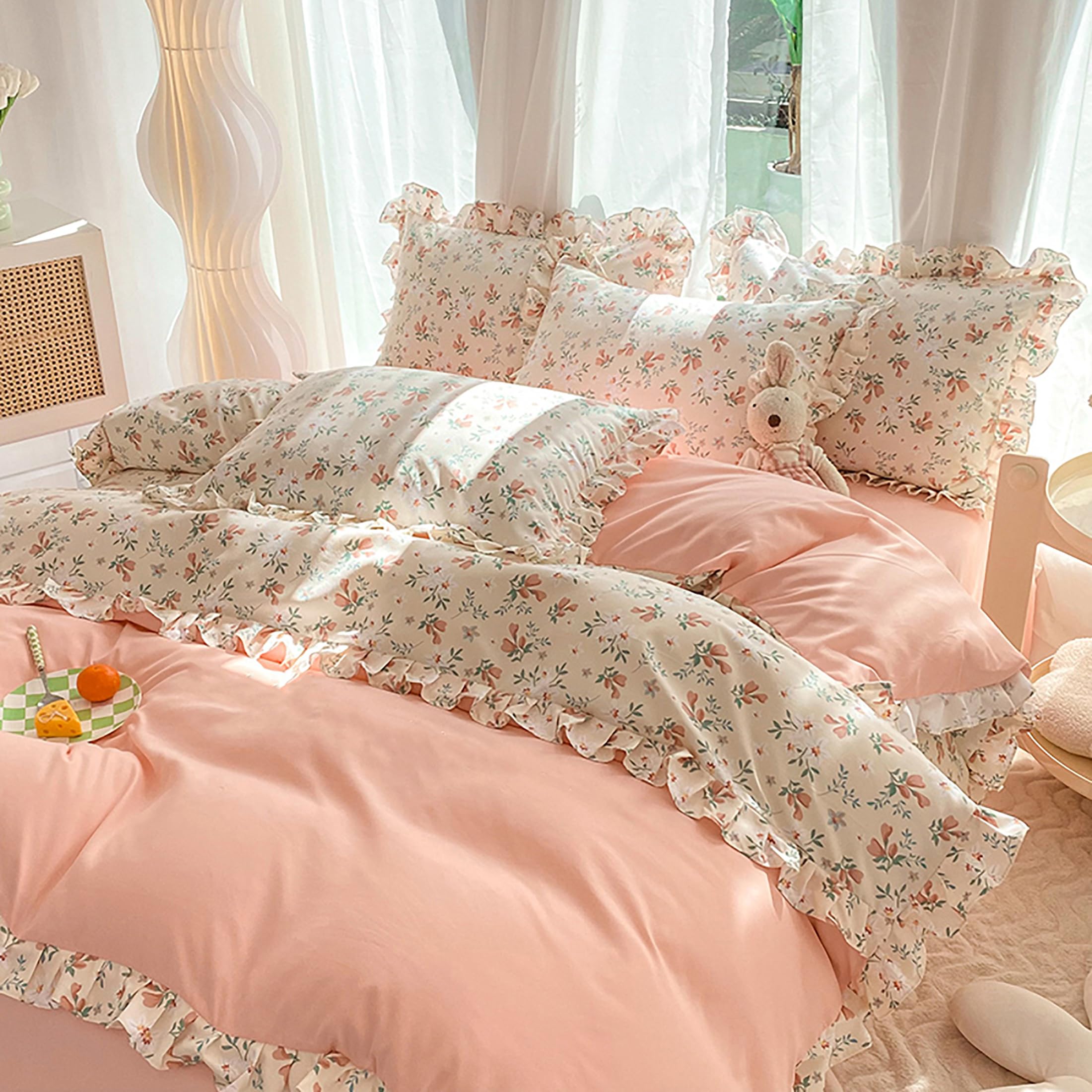GETIYA Romantisch Rüschen Bettwäsche 135x200 4Teilig Rosa Blumen Bettwäsche Mädchen Damen Blümchen Bettbezug mit Rüschen Weich Mikrofaser Bettwaesche Rosa mit 2 Reißverschluss Kissenbezug 80x80