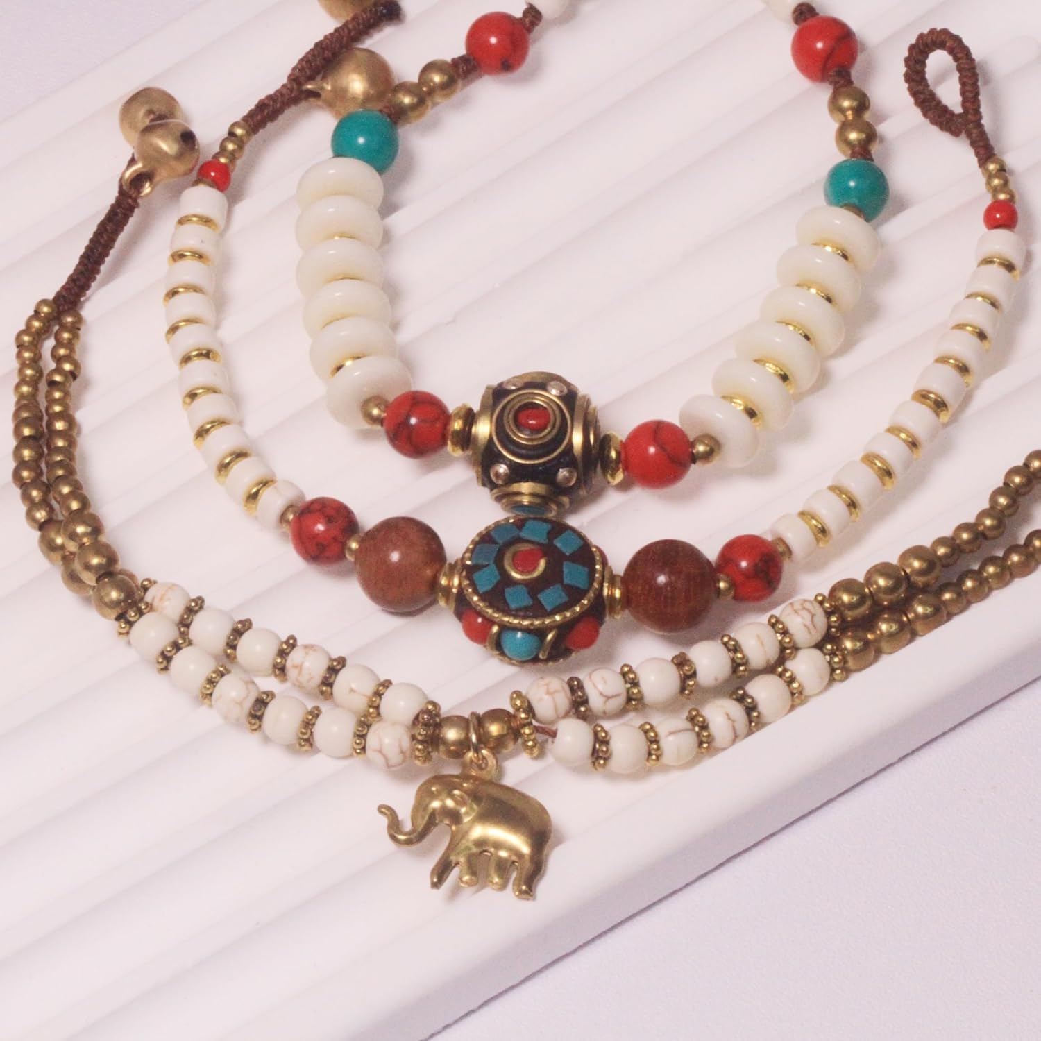 Petite Adjustable Boho Bracelet for Small Wrists 6-7.5 Inch - Handmade Nepalese Buddhist Prayer Bracelet with Elephant Charm, Brass Bell, Turquoise Stone & Tibetan Mantra Beads, Spiritual Lucky Gift - Image 3