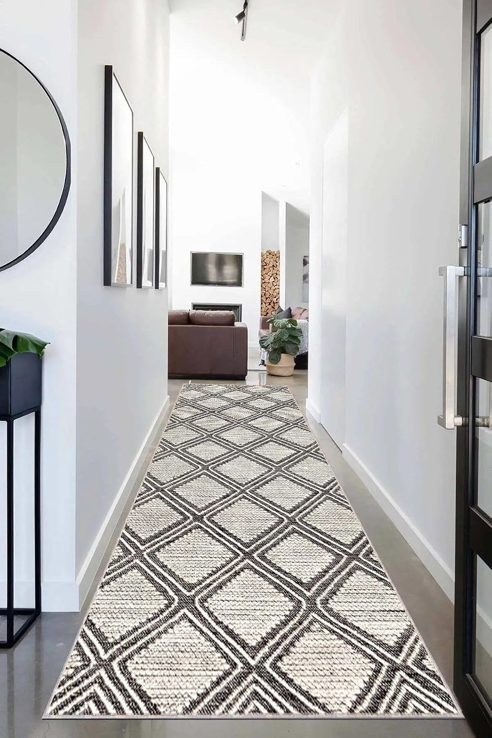 Pelangi Geometrik Karo Desenli Dijital Baskı Yıkanabilir Kaymaz Taban Etnik Kilim Desen Salon Halı, Gri-Bej 100 x 200, 95547001002007