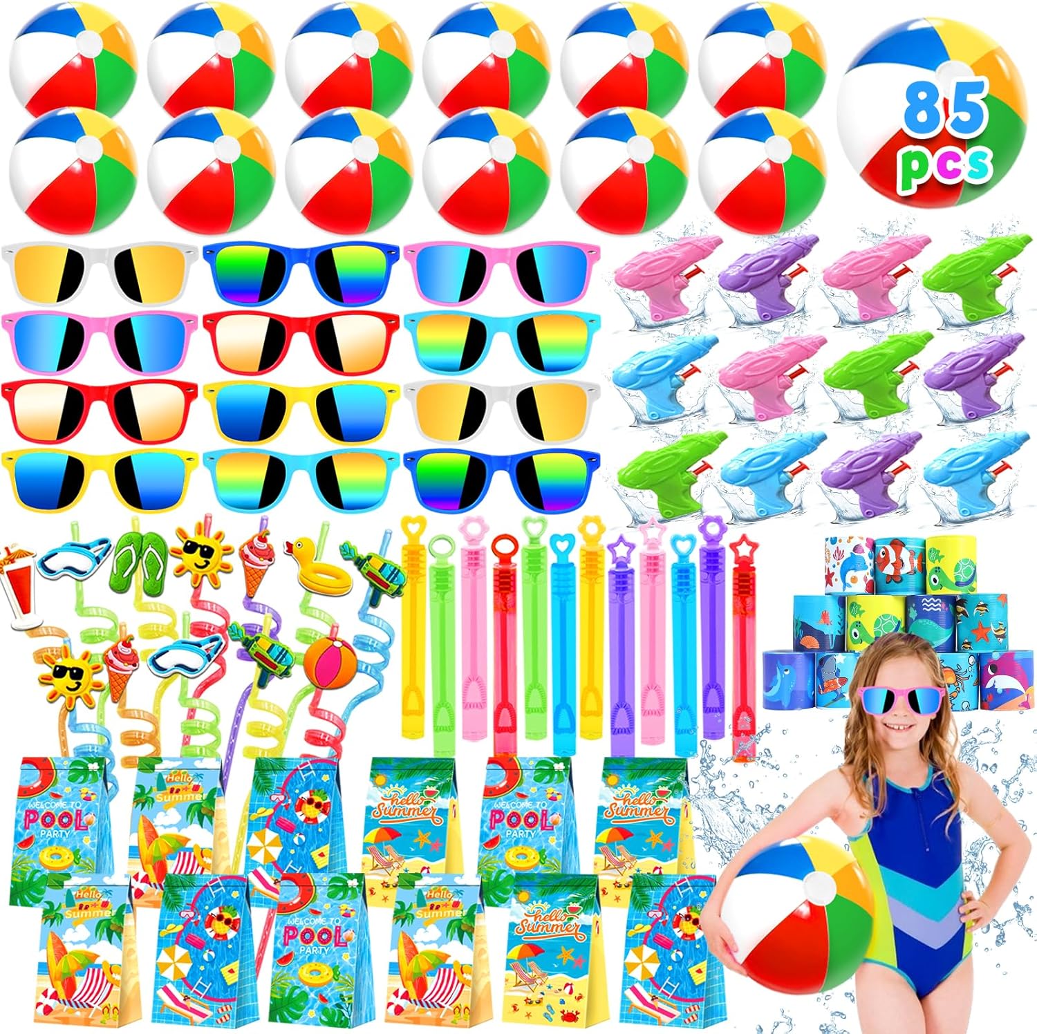 Pool Party Favors Summer Party Favors for Kids, Beach Toys for Kids 3-8 8-12 Include Beach Balls, Sunglasses, Summer Straws, Bubble Wands... Pool Party Supplies