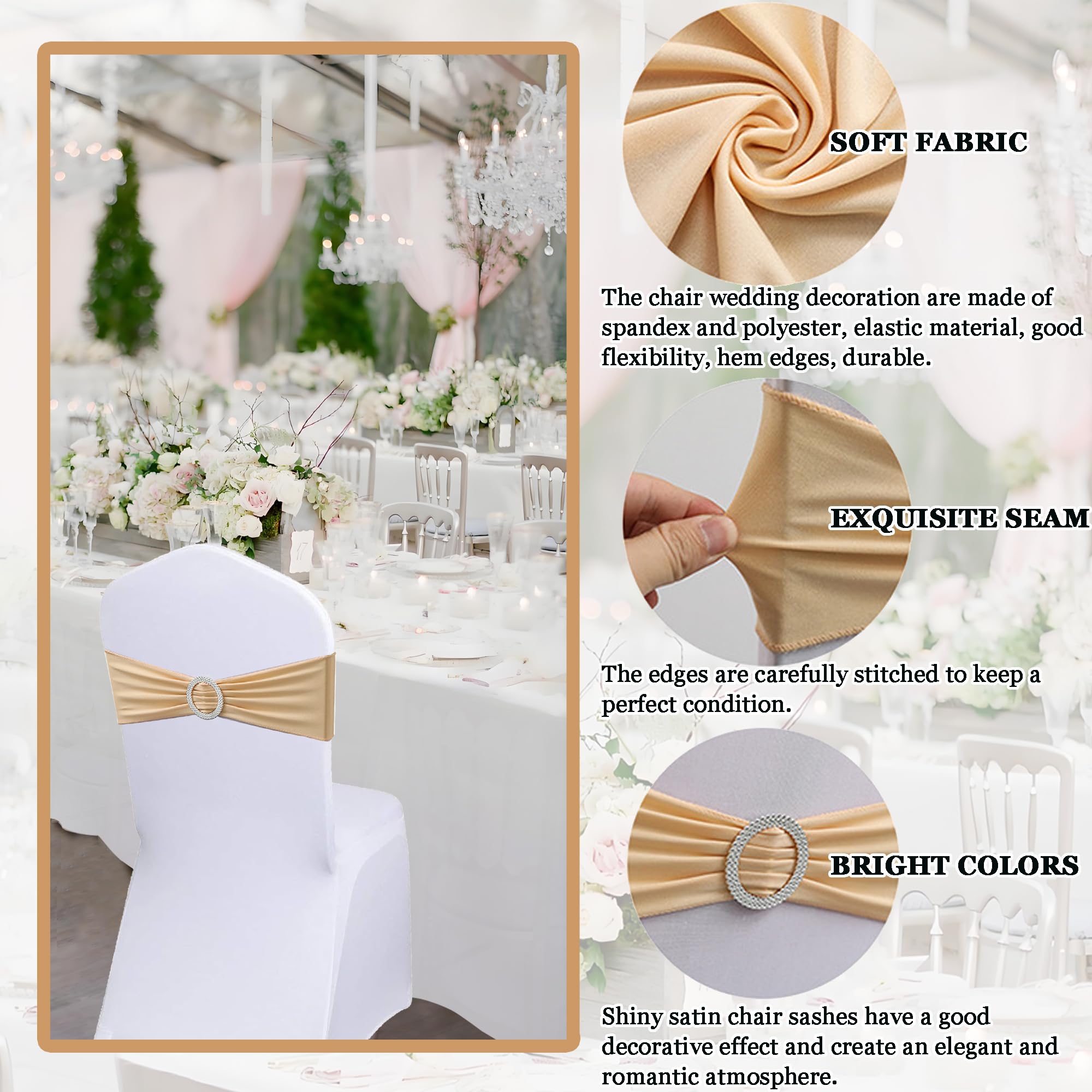 Lot de 50 Écharpes De Chaise Élastiques avec Boucle Ronde - Housse de Chaise et Ceinture Extensible Décoration pour Mariage, Banquet, Fête, Réception, Fête d'anniversaire (Champagne Or)
