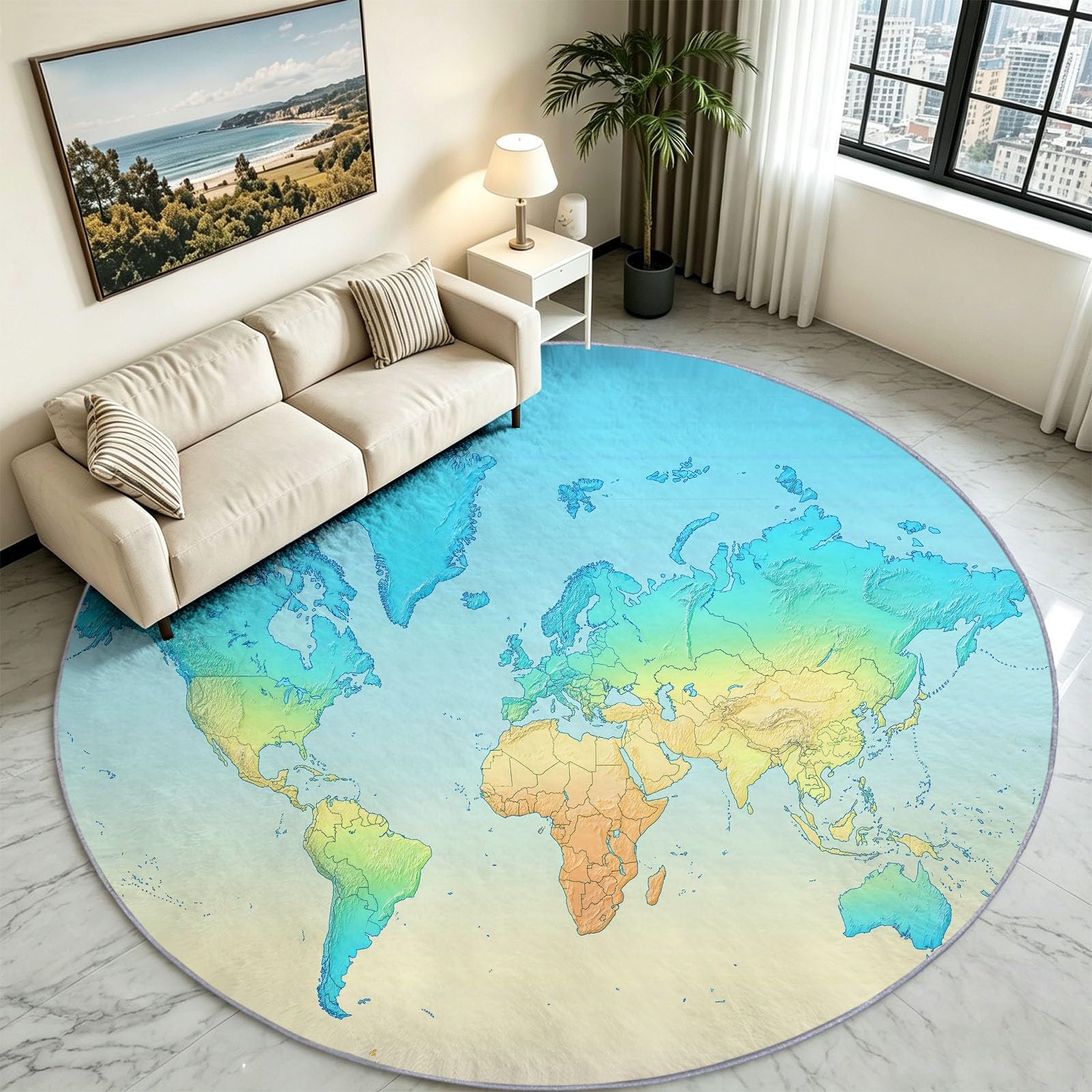 Tappeto rotondo con mappa del mondo, antiscivolo, morbido e accogliente, in finta lana, con bordi stretti, decorazione moderna e minimalista, ideale per soggiorno, ingresso, camera da letto, studio