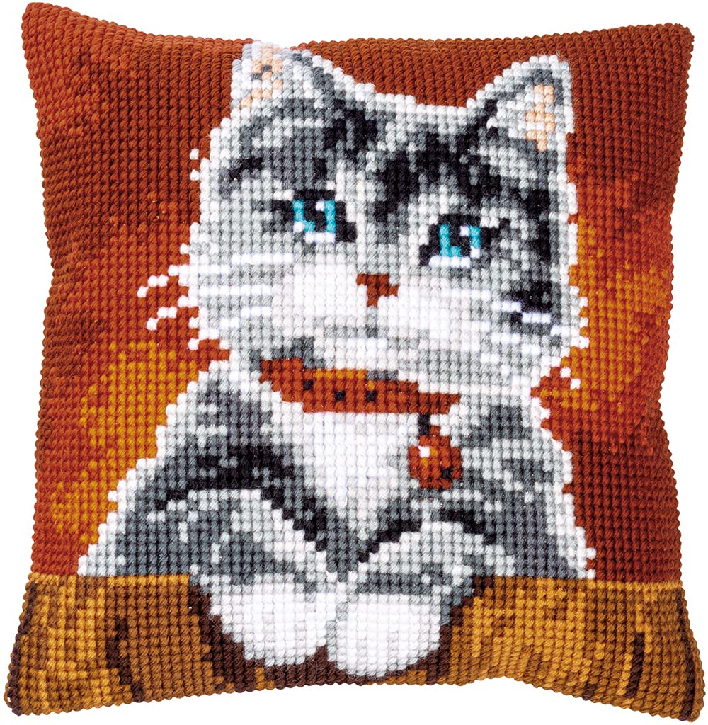 Vervaco Cross Stitch Embroidery Kits Cushion Embroidery Set Beginners Pre-Printed Cat with Collar DIY Set Creative Set for Adults 40 x 40 cm Craft Kit Craftsman Home Decoration