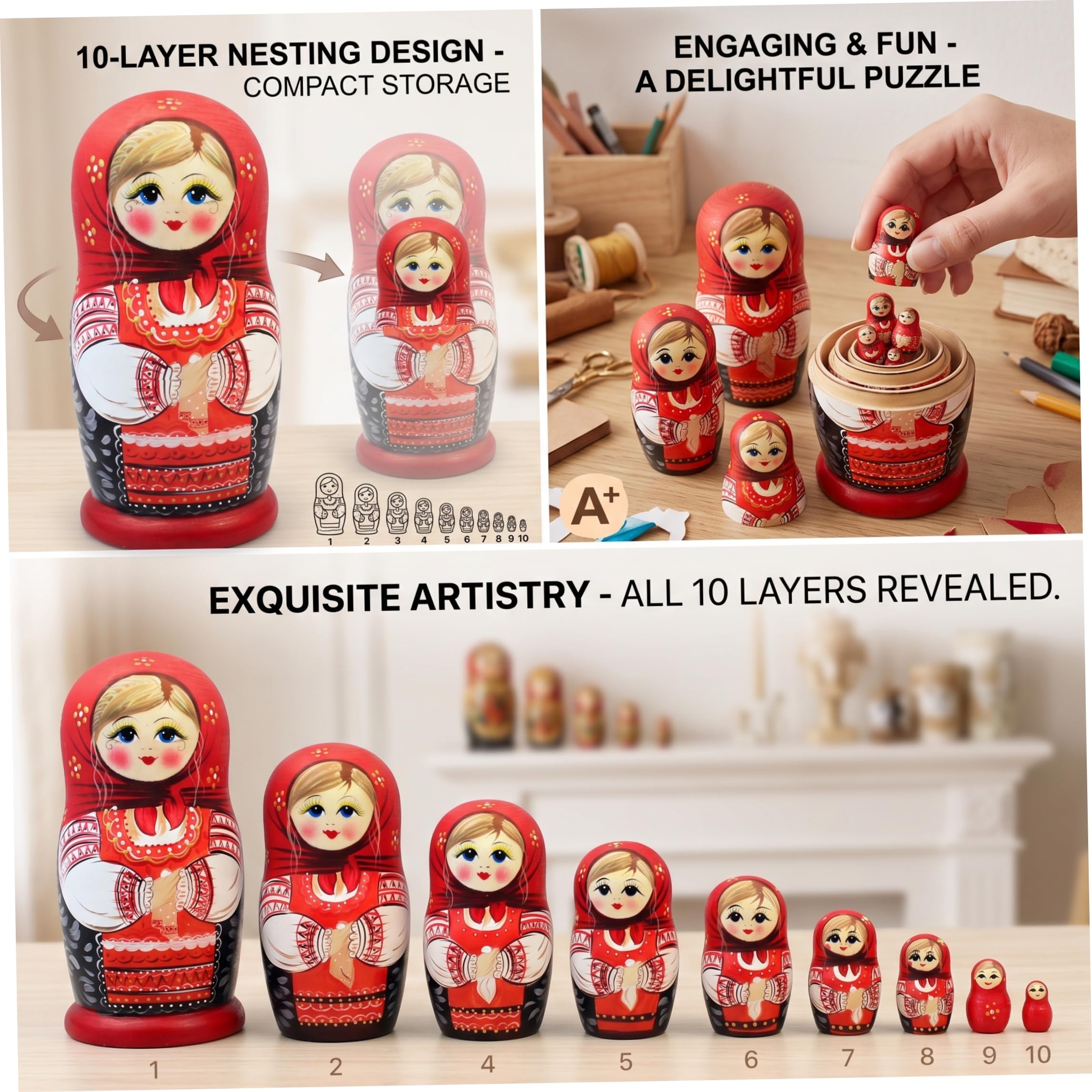 Poupées gigognes| Poupées gigognes Russes à 10 Couches Poupée Matryoshka Peinte à la Main |.Mouchoir Girl Design, 8, 27 Pouces de Haut