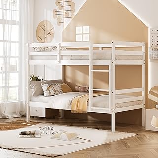 KOMFOTT Wood Bunk Bed Twin Over Twin, Bunk Bed with Ladder & Safety Guardrail, Solid Wood Bed Frame, Ideal for Dormitory & Multiple-Child Family, No Box Spring Needed, Kids Bed Frame