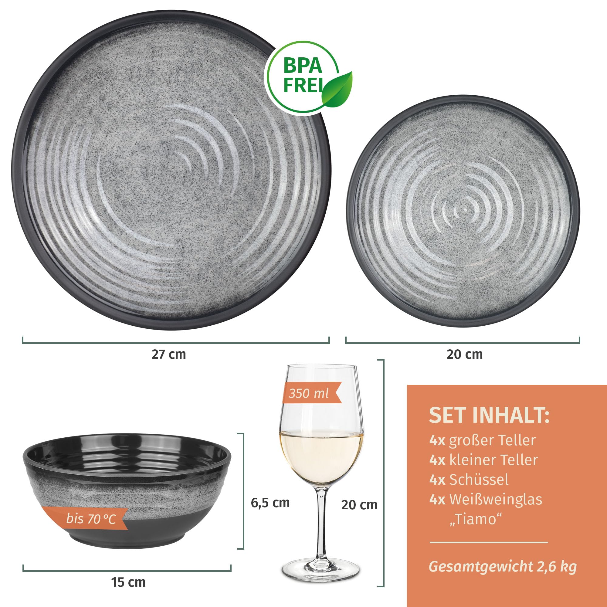 Vajilla de melamina para camping, 4 personas, color gris piedra + 4 vasos de vino blanco Tiamo vajilla de mesa de picnic barbacoa