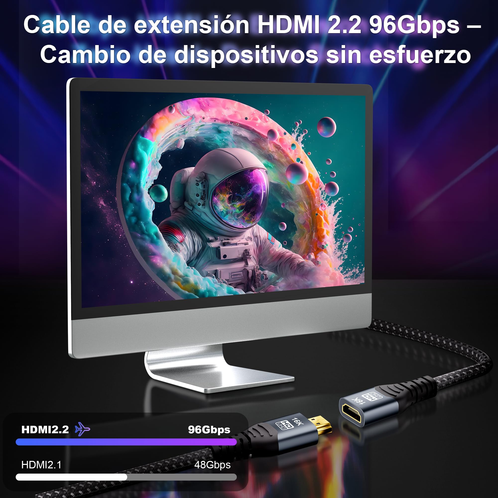 CAKOBLE Cable Prolongador HDMI 2m,[2 Pack,2m] Extensión HDMI 2.2 96Gbps Ultra High Speed 16K@60Hz, 8K 4K@480Hz HDR, HDMI 2.1,eARC, HDR10+, Dolby, HDCP 2.3, Macho Hembra para TV PS5 Xbox Monitor