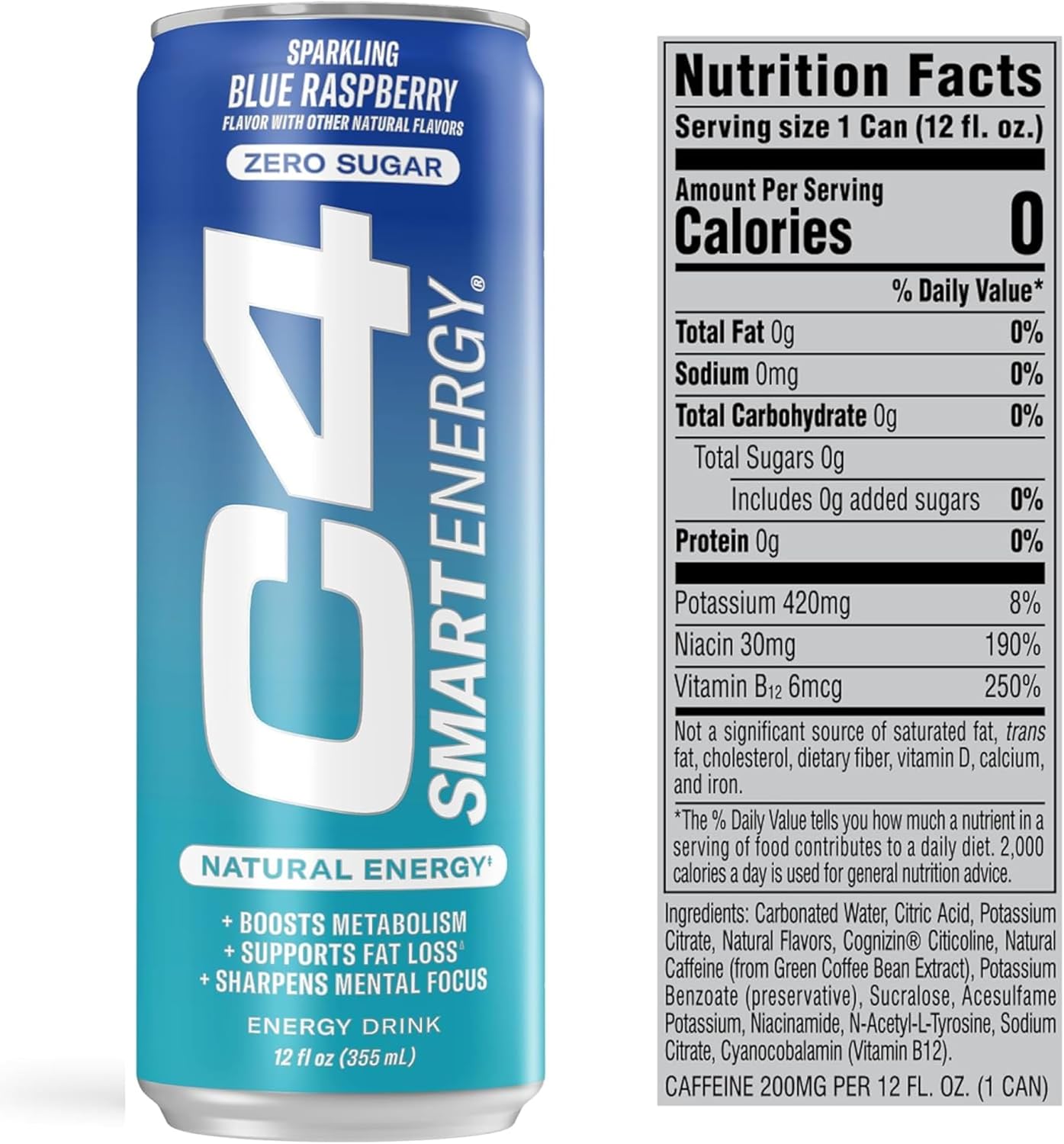 Cellucor C4 Smart Energy Drink ‚ Boost Focus and Energy with Zero Sugar, Natural Energy, and Nootropics - 200mg Caffeine - Blue Raspberry (12oz Pack of 12) - Image 7