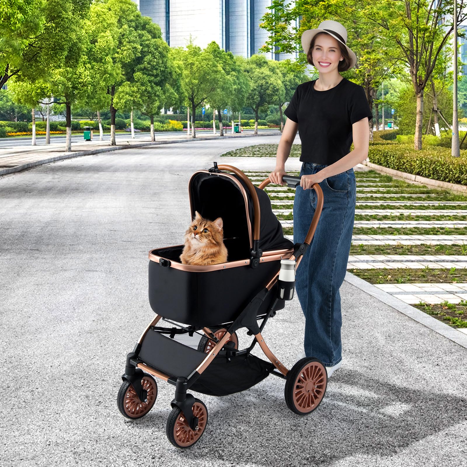 COSTWAY Passeggino Pieghevole per Cani 3 in 1, Carrozzino per Animali con Portapacchi Rimovibile, Tettuccio, Cuscino Rimovibile, Cintura di Sicurezza, Cestino e Portabicchiere, Portata 25 kg