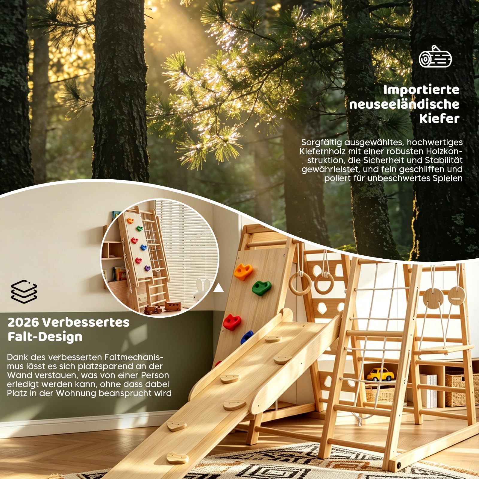 Maxi Estructura de Escalada de Interior, 10 en 1 Multifuncional Estructura de Escalada para Niños, Impermeable&Plegable, Montessori Set de Escalada de Madera, Monopatín, Balancearse