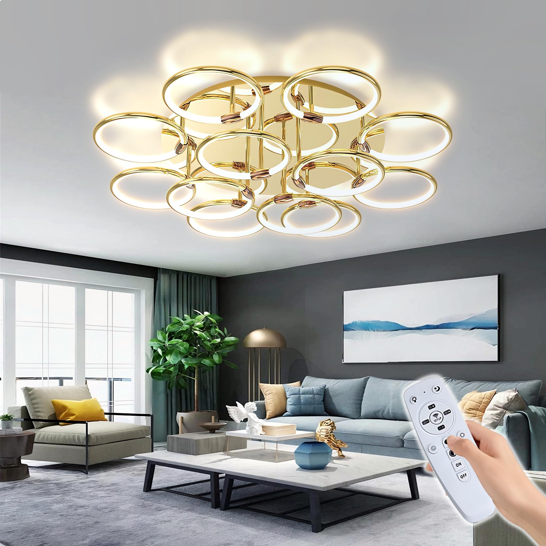 LED Deckenleuchte Modern Vergoldet Groß 12-Ring 125W Deckenbeleuchtung Dimmbare Deckenlampe mit Augenschutz Flackerfrei für Wohnzimmer Schlafzimmer (Vergoldet, 12-Ring)
