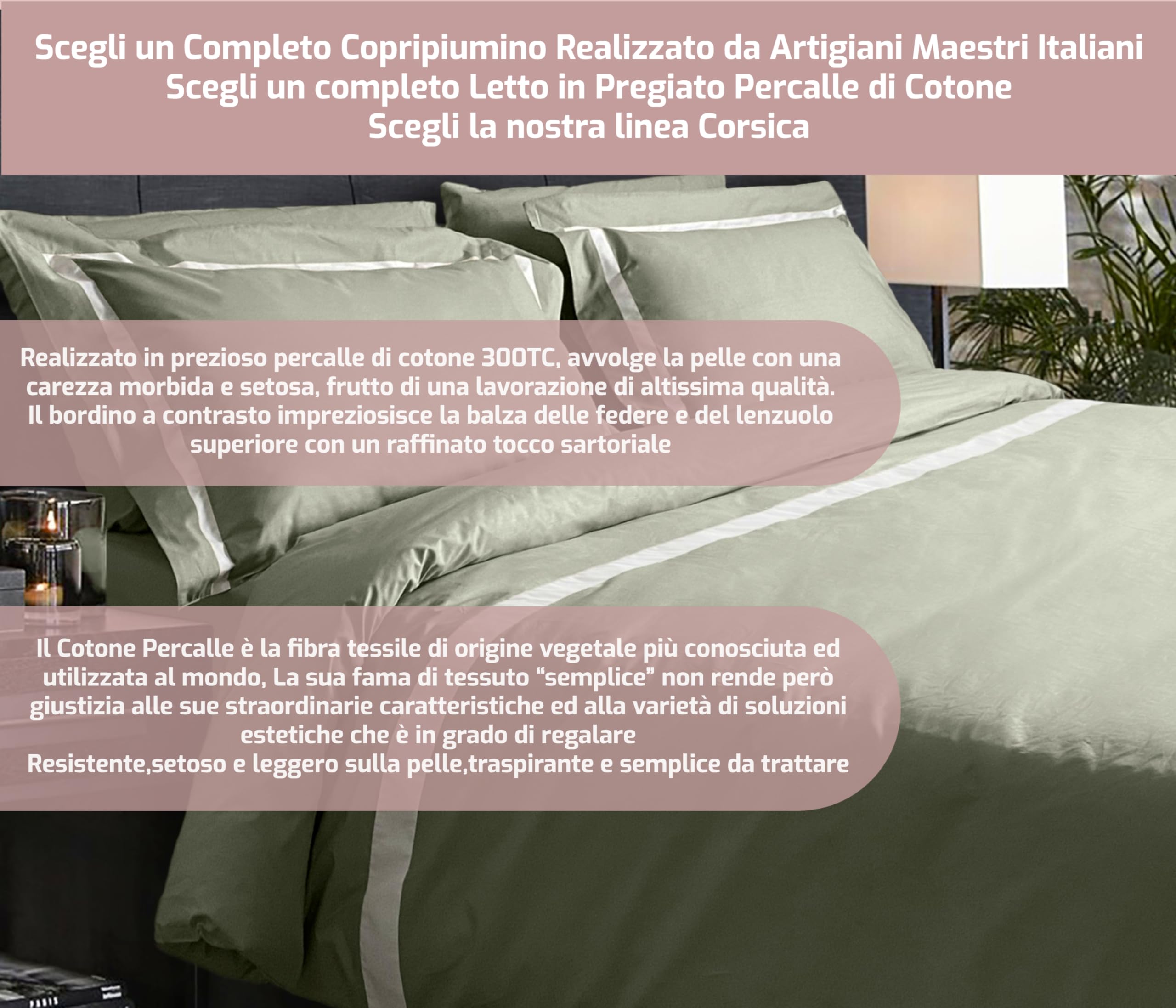 Mahome Completo Copripiumino Matrimoniale Cotone 100% Percalle 300TC – Bordino su balza – Sacco 250x200+40cm, Lenzuolo Sotto 180x200x30cm, 2 federe con volant 50x80cm – Made in Italy (Oliva)