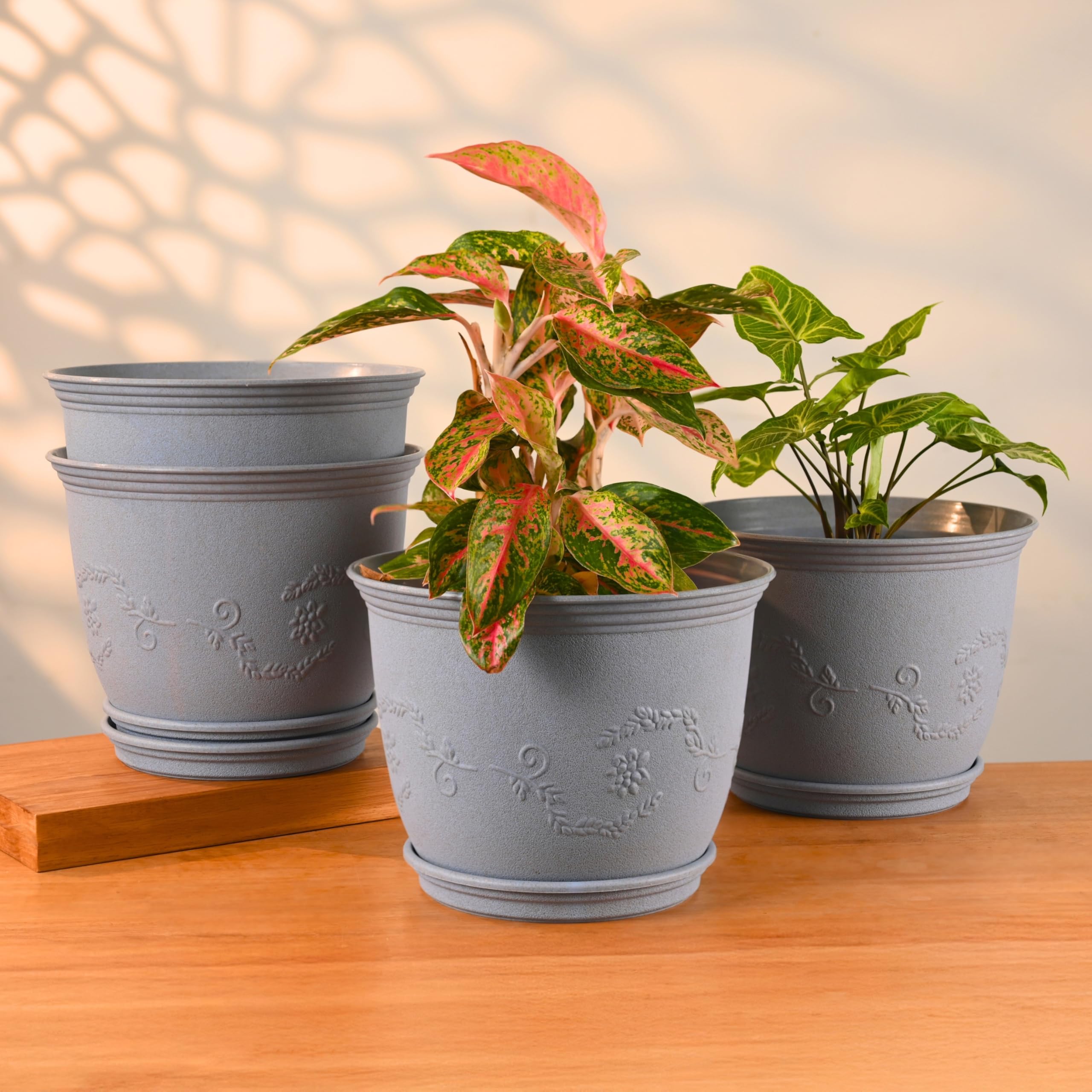Eha Earth Friendly 10" Leafy Planter with Tray Made with Rice Husk, 4 Units | UV Protected Plant Pots | Flower Pots for Garden, Indoor, Home Decor, Outdoor & Balcony discount deal