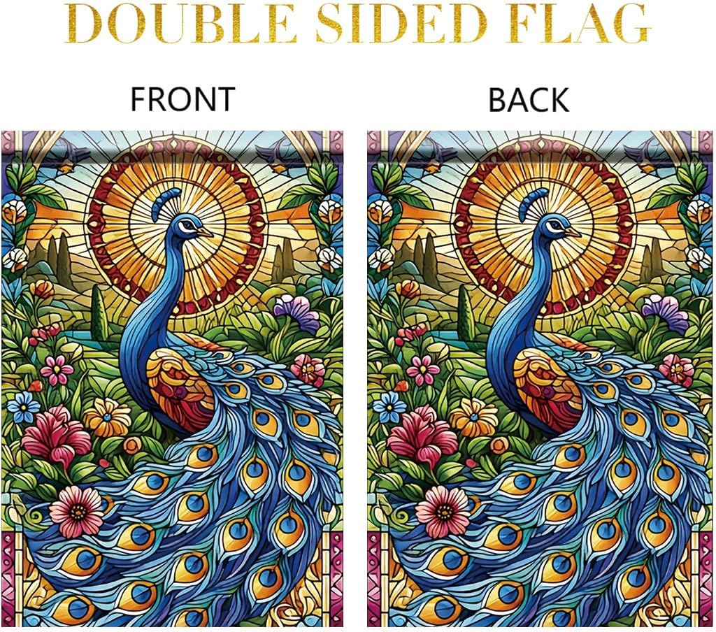 Peacock Garden Flag 12x18 Inch Double Sided Outdoor Yard Banner Colorful Stained Glass Peacock Design Floral Pattern Decorative Flag for Spring Summer Garden Home Decor - Image 4