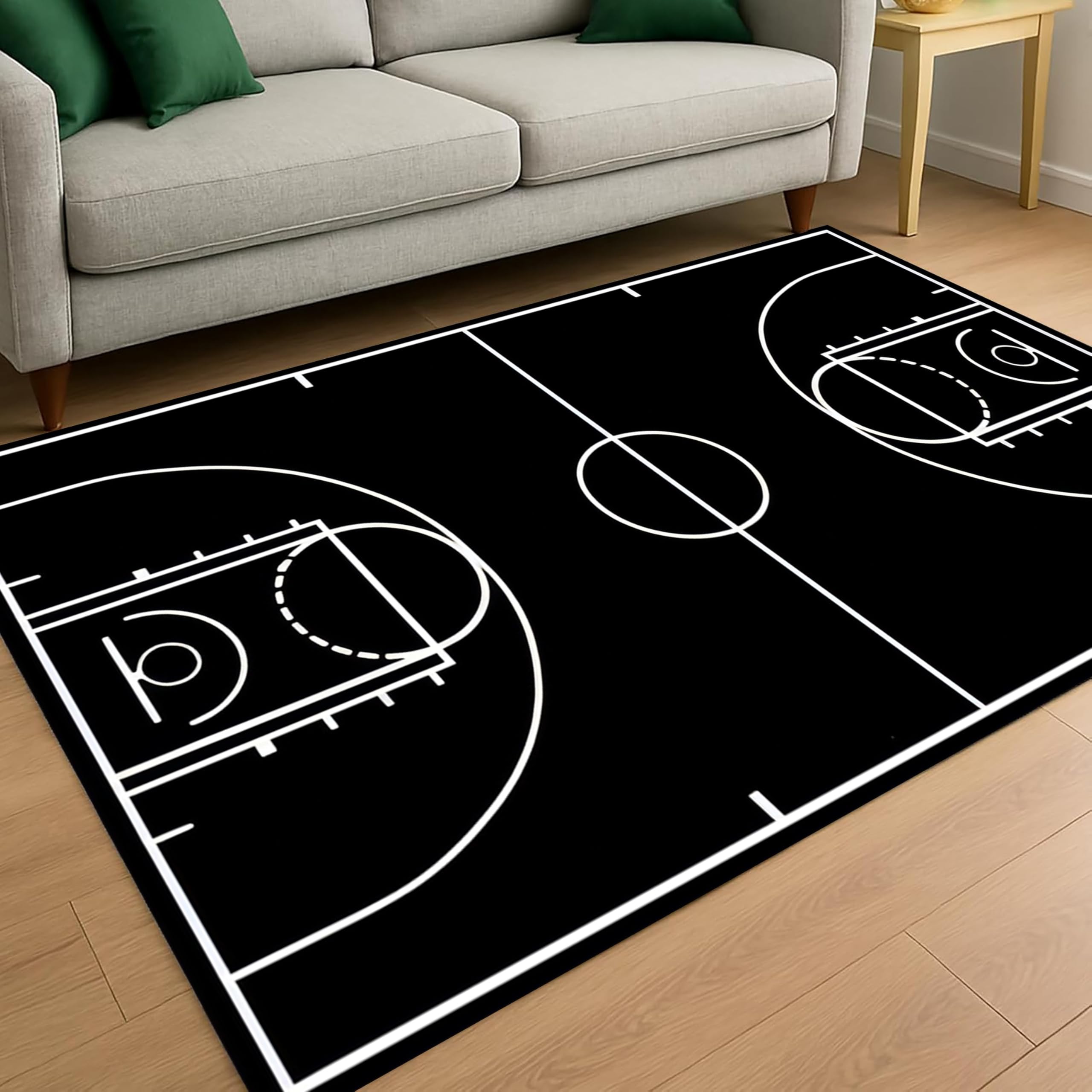 USHIRUG Sports Theme Printed Area Rug,160x200cm, Cool Black Basketball Court Rugs, Soft Washable Indoor Floor Mat With Non-Slip Backing, Kids Boys Room Rugs for Living Room Bedroom Playroom