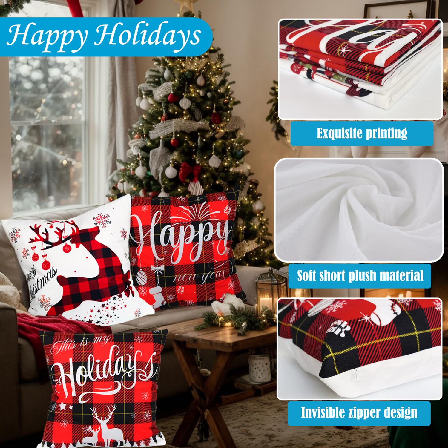 Xyxu Christmas Cushion Covers Set Of 4, Christmas Decorations Indoor Happy Holidays Xmas Pillow Cases Covers - Image 4