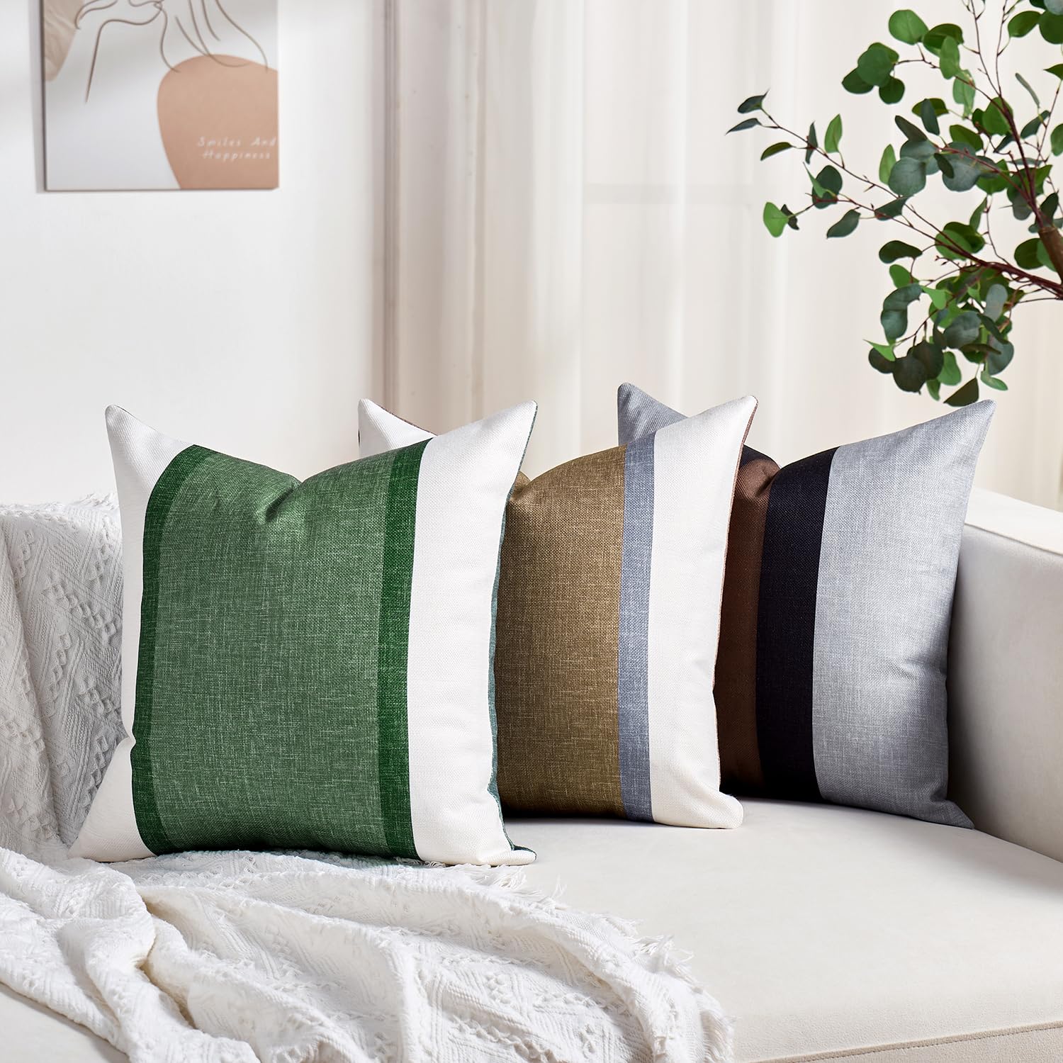 Copricuscini 40x40 Cm In Lino E Cotone - Design Patchwork Righe Beige E Verde | Per Divano, Letto, Soggiorno - Foto 3