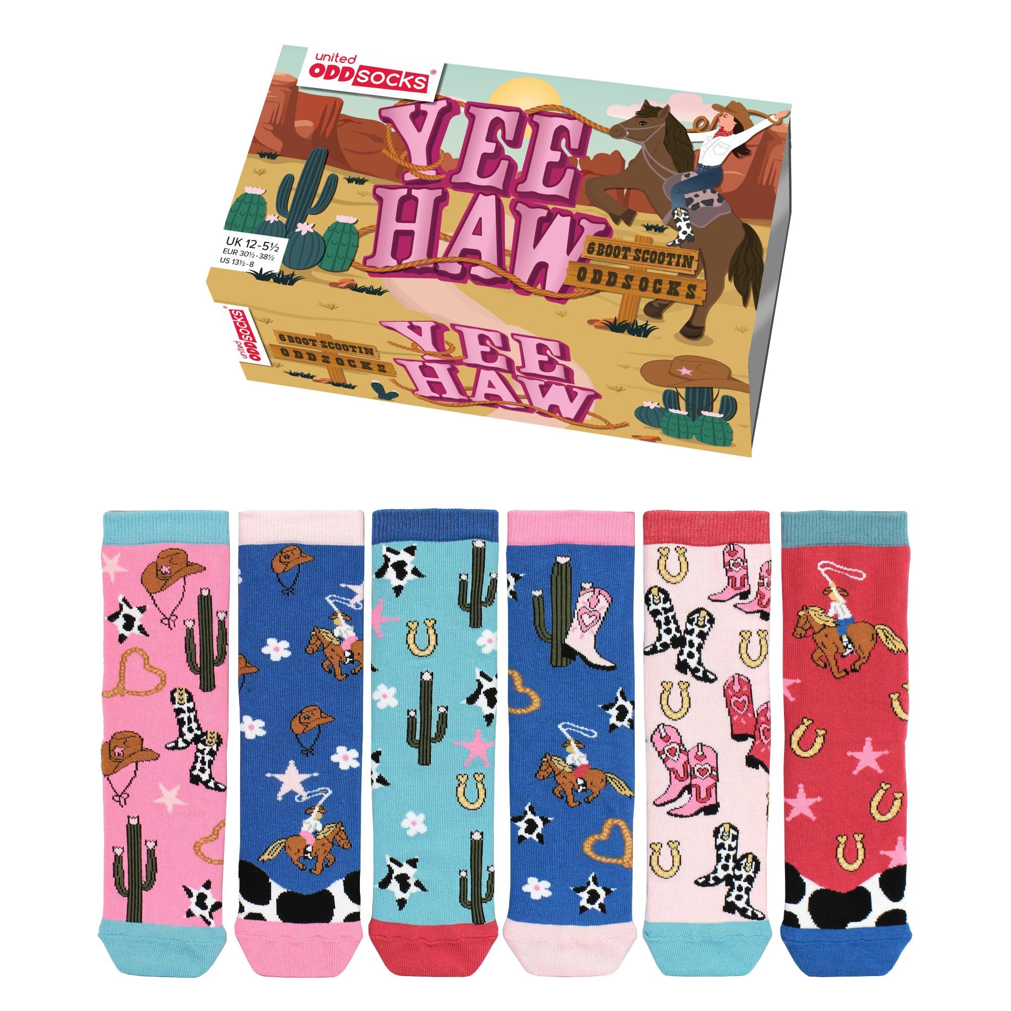 United Oddsocks Girls Yeehaw Yee Haw Kids Gift Box – 6 Mismatched Cow Socks – Boots