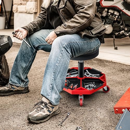 Miniatura 18 de Goplus Taburete mecánico, silla de garaje con ruedas de altura ajustable de 16 a 22 pulgadas, bandeja magnética extraíble para herramientas, cojín