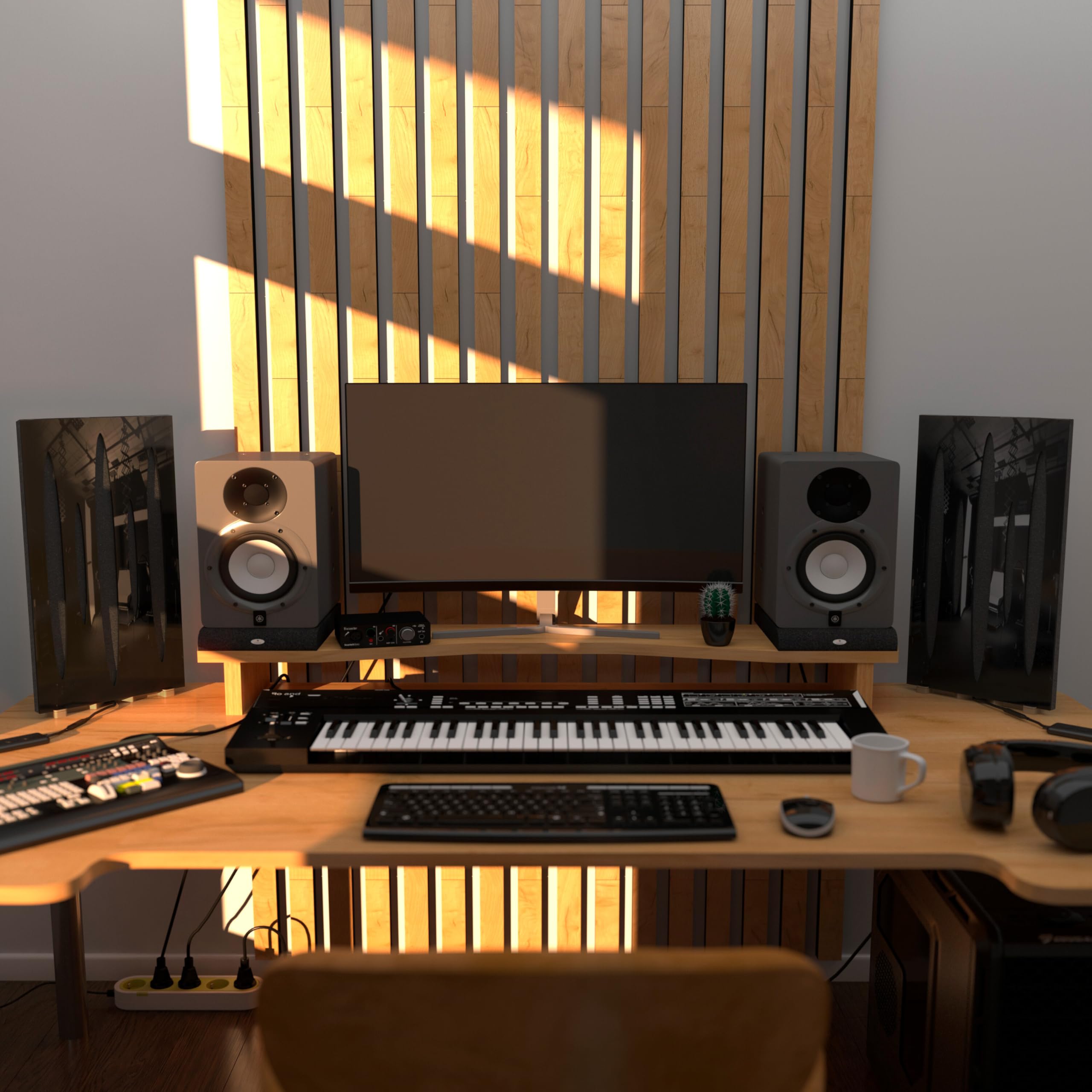 Set di 2 pannelli acustici stretti con lampada da tavolo e illuminazione LED RGB | 25x50cm | Pannelli fonoassorbenti mobili su supporto da tavolo per studio e sala giochi | [PULSAR | Plastica nera]