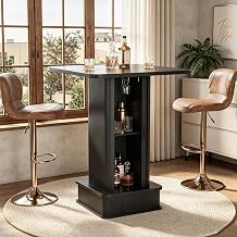 Bar Table with Storage, 27.5" Square Counter Height Pub Table with Sliding Door and Glass Holder, Black Bistro Cocktail Table for Living Room, Basement, Kitchen, Table Only NO Chairs