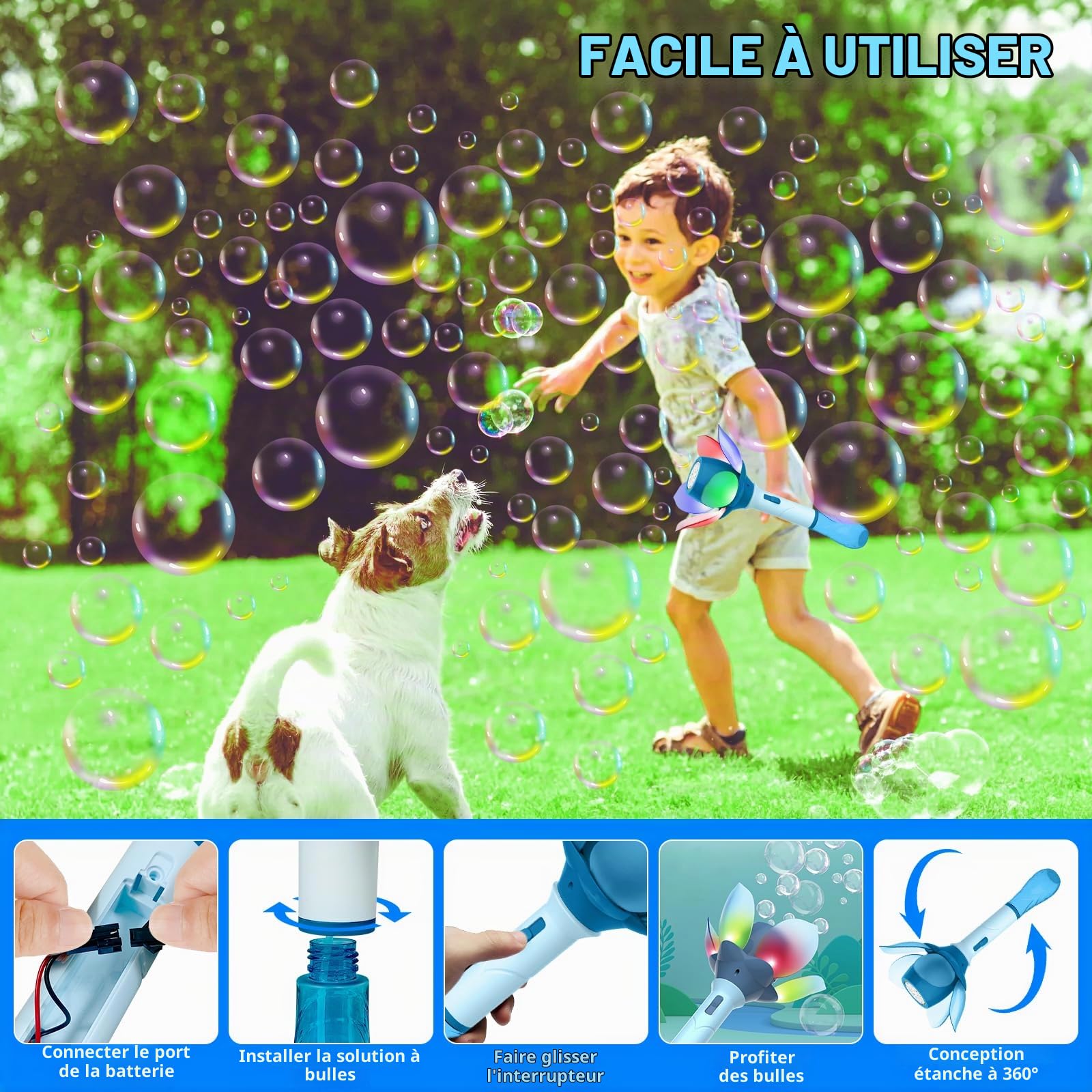 Machine à Bulles pour Enfants Lotus Jouet à Bulles Automatique avec 120ml Solution à Bulles & Lumières, Rechargeable pour Fête Anniversaire Mariage