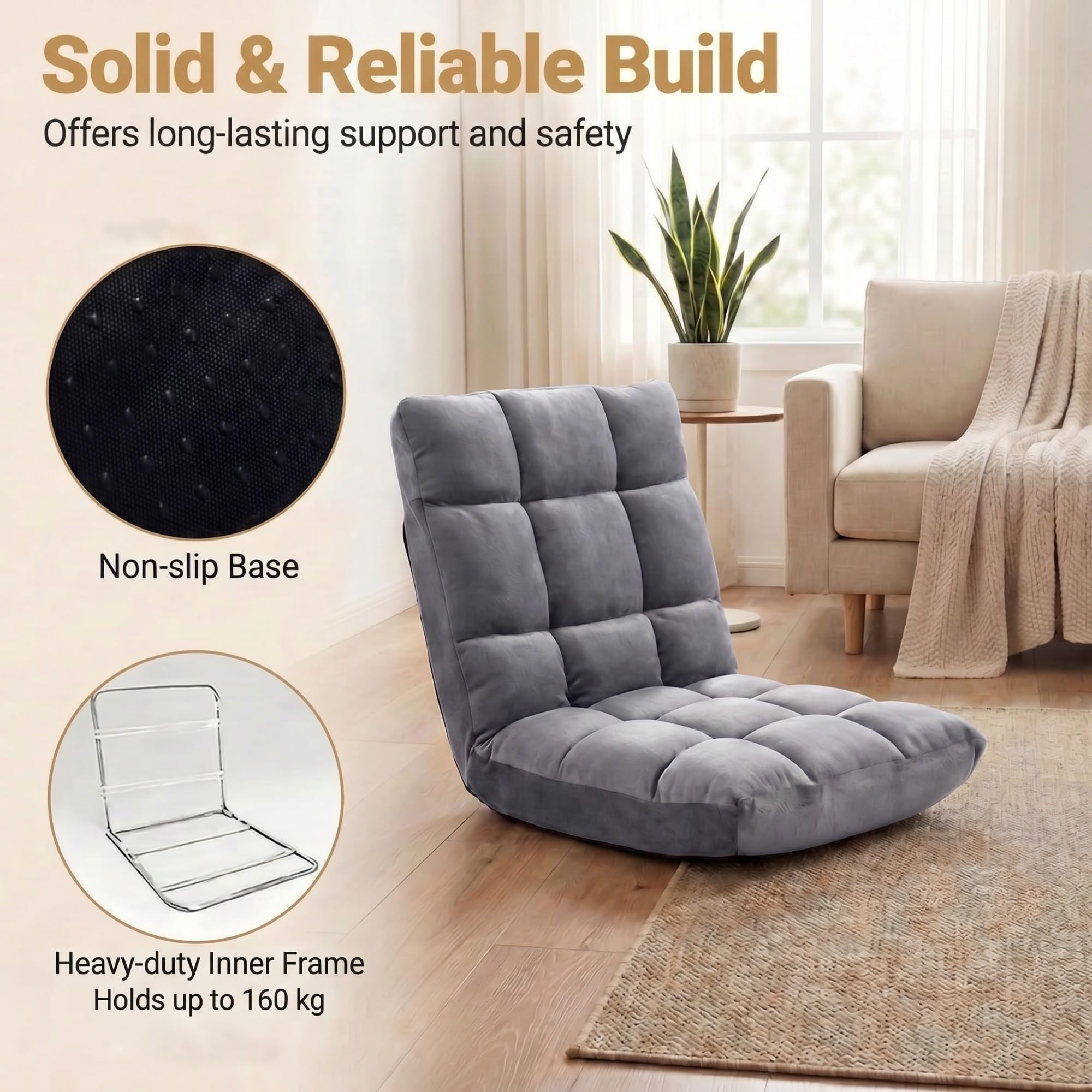RELAX4LIFE Bodenstuhl Klappbar, Bodensessel mit Verstellbarer Rückenlehne & Liegefunktion, Relaxsessel faltbar, Bodensitz gepolstert, Meditationsstuhl, Floor Chair für Zuhause & Freizeit (Grau)