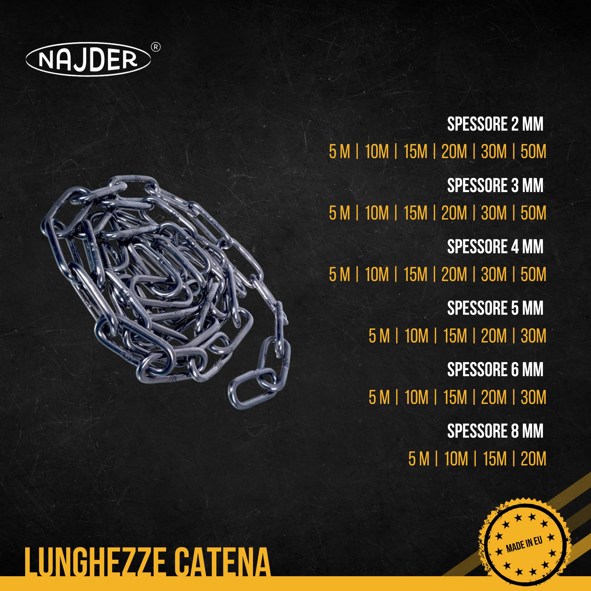 NAJDER Catena a maglie lunghe in acciaio inox 5 m, Catena in acciaio inox 2 mm, 120 kg di carico massimo, DIN 763, A4-AISI 316 per edilizia, ancoraggio, fai da te, recinzione