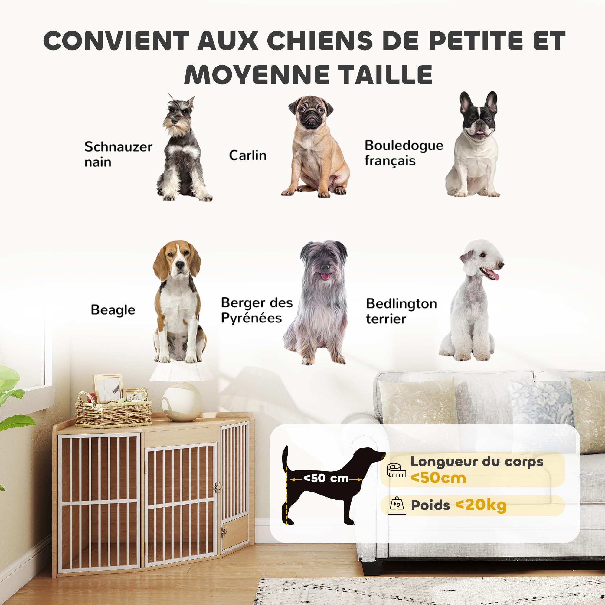PawHut Cage d'angle pour Chien, Cage pour Chien intérieur avec Porte rotative, Table d'appoint pour Petits et Moyens, 113 x 80 x 64 cm, chêne