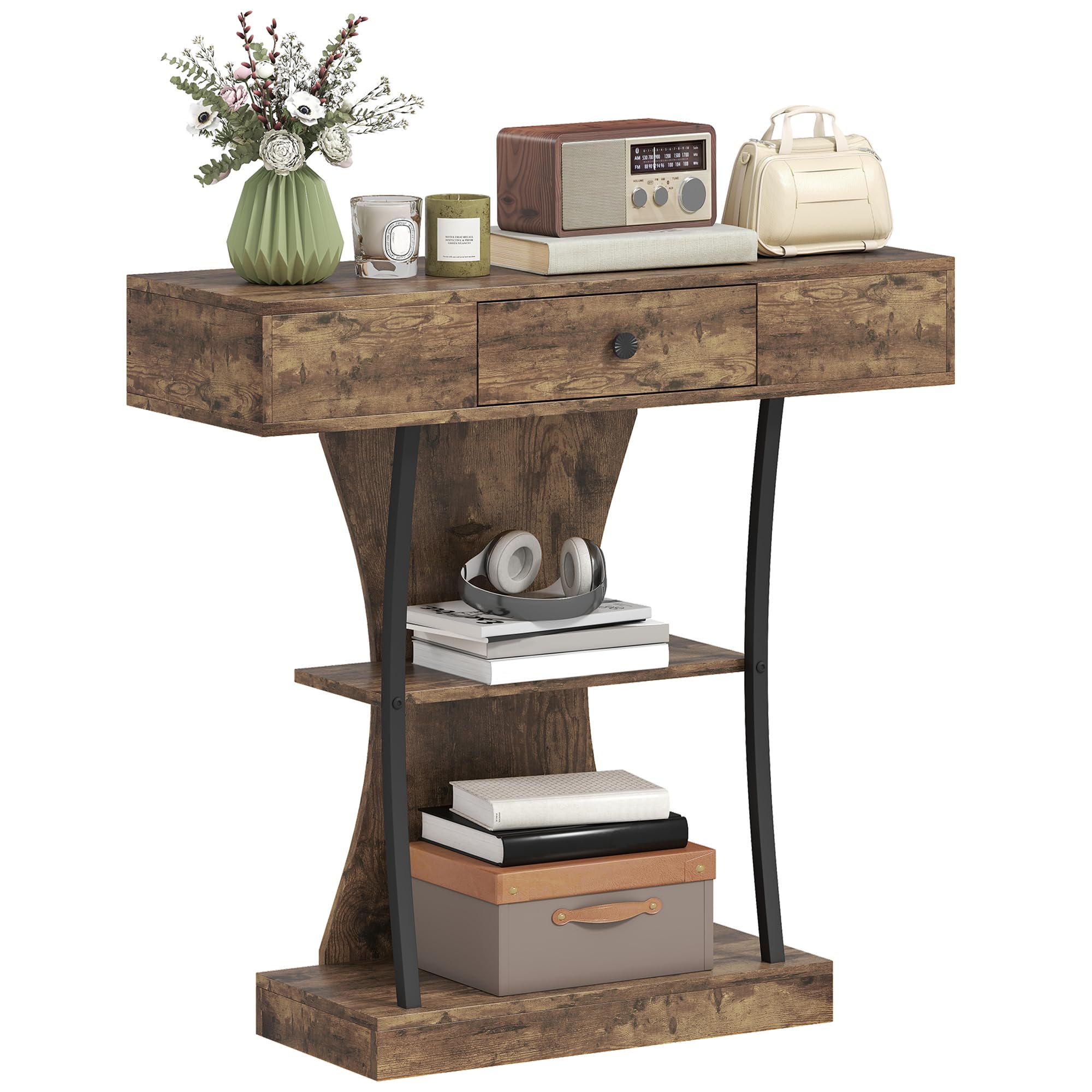 Homcom Brown Console Table Hallway Table With Storage Shelves Rustic