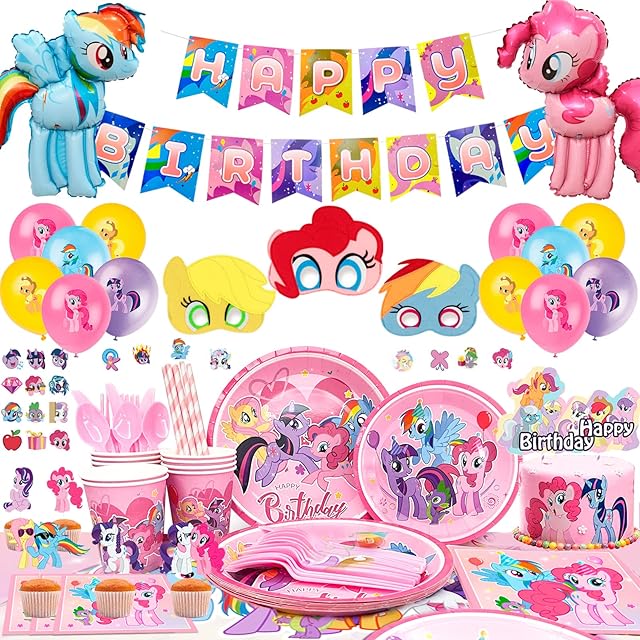 My Little Pony Party Supplies,164pcs My Little Pony Party Decorations Set-Happy Birthday Banner,My Little Pony Balloons,Cake Toppers,Stickers,Plates,Cups,Table cloth ect My Little Pony Deco Party