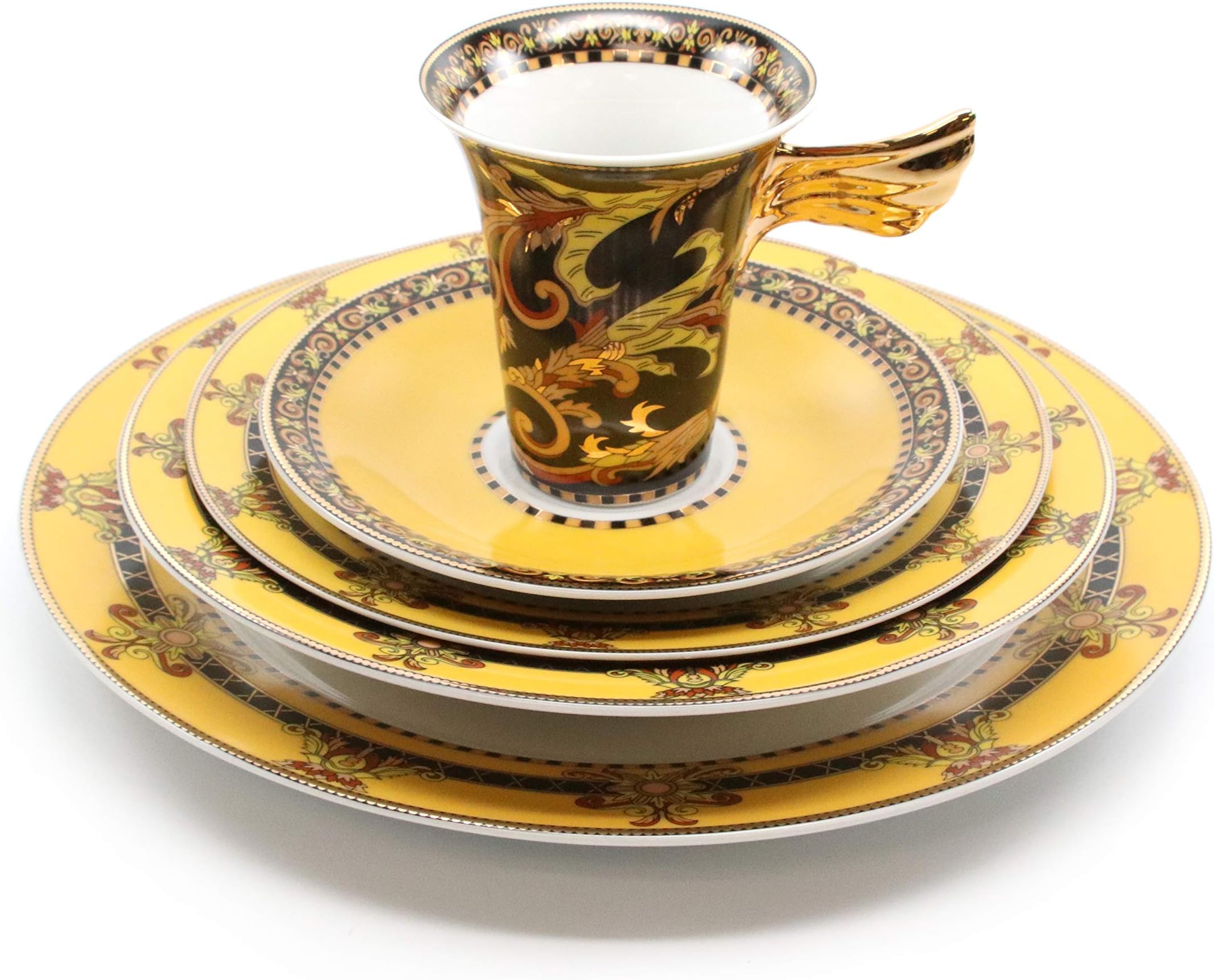 Royalty Porcelain Vintage Yellow 5-pc Place Setting 'Gothic', Premium Bone China